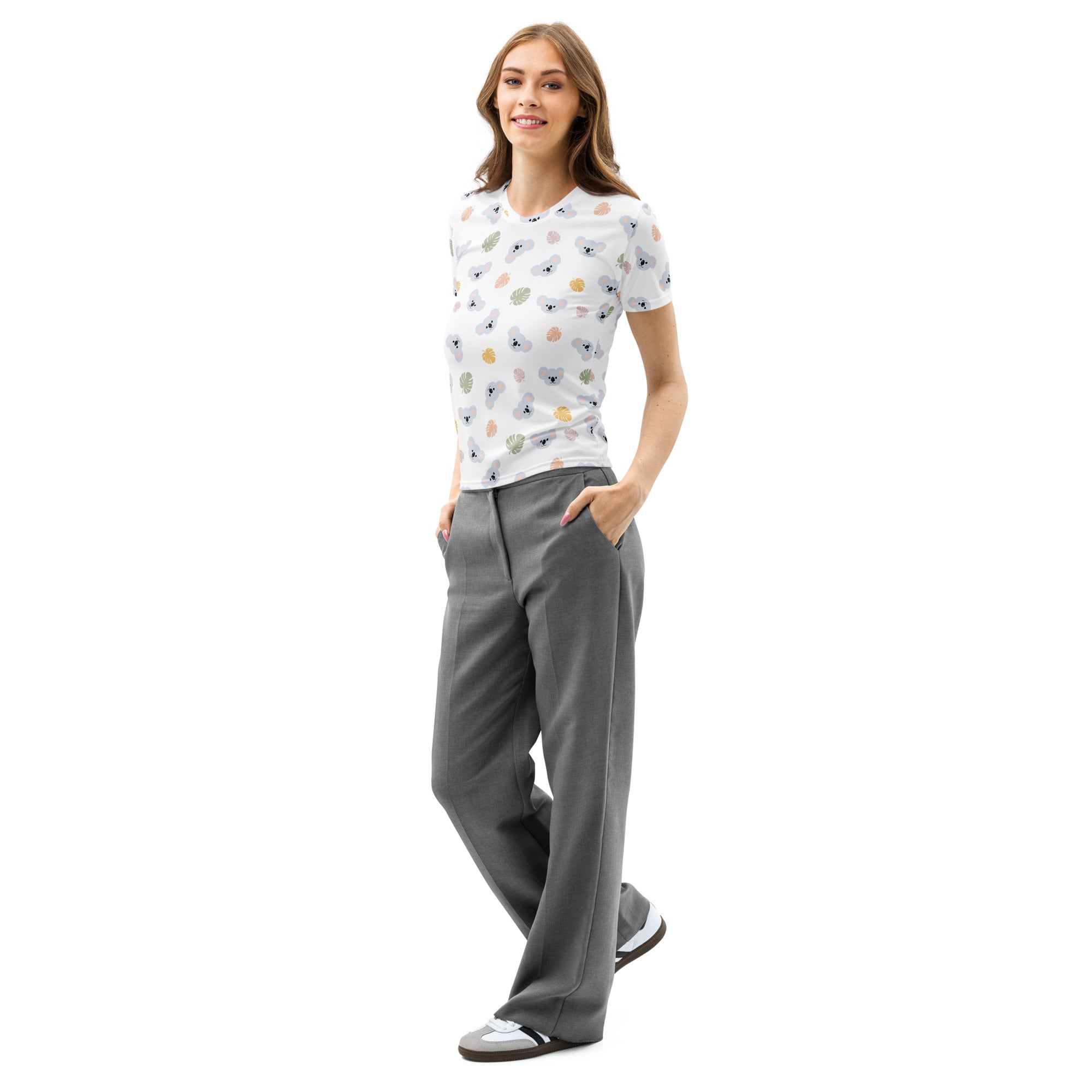 Women’s koala and monstera cotton t-shirt in white with colorful playful animal faces, soft stretch and pilling resistant