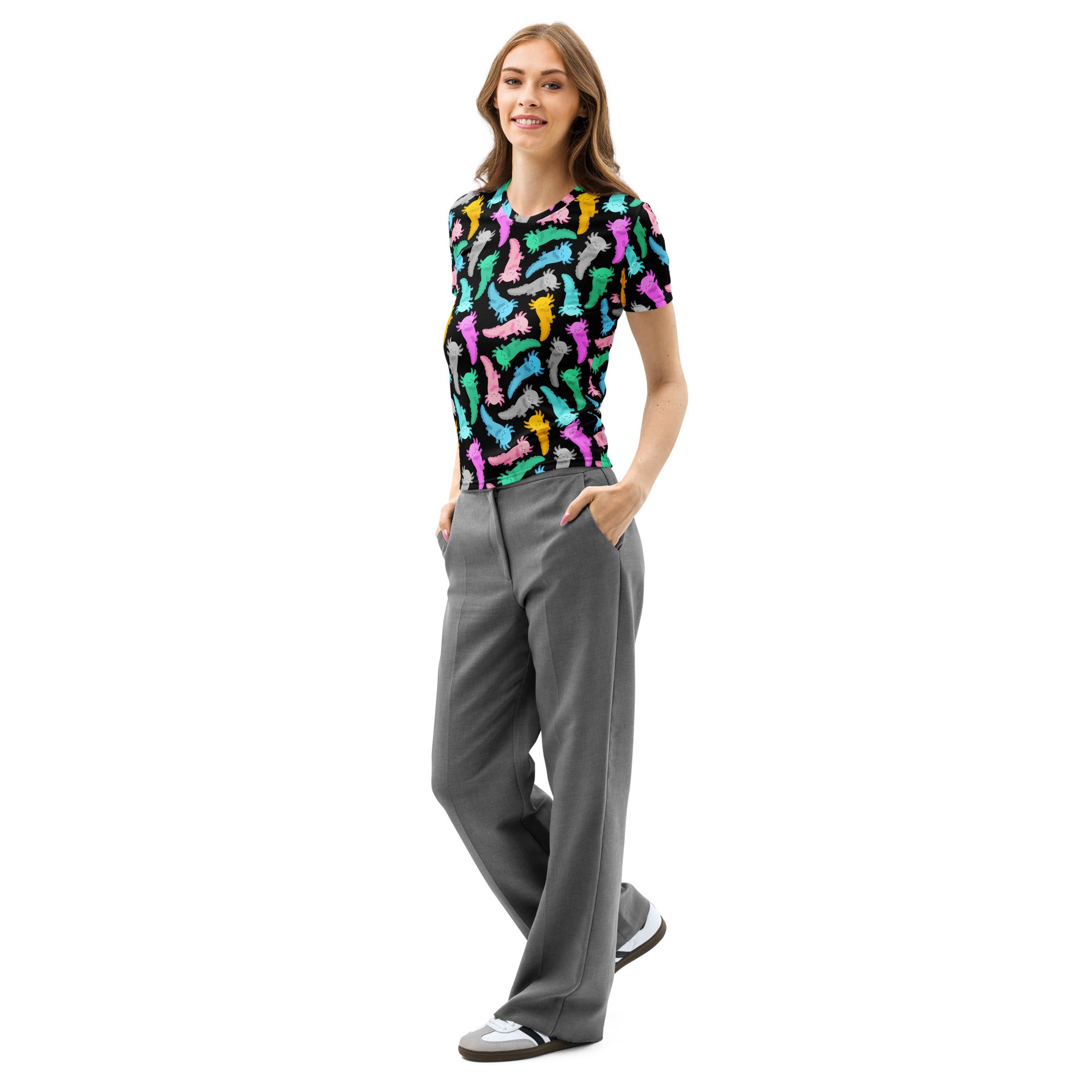 Women’s colorful axolotl cotton t-shirt with vibrant multicolored dinosaur print on black soft stretch fabric