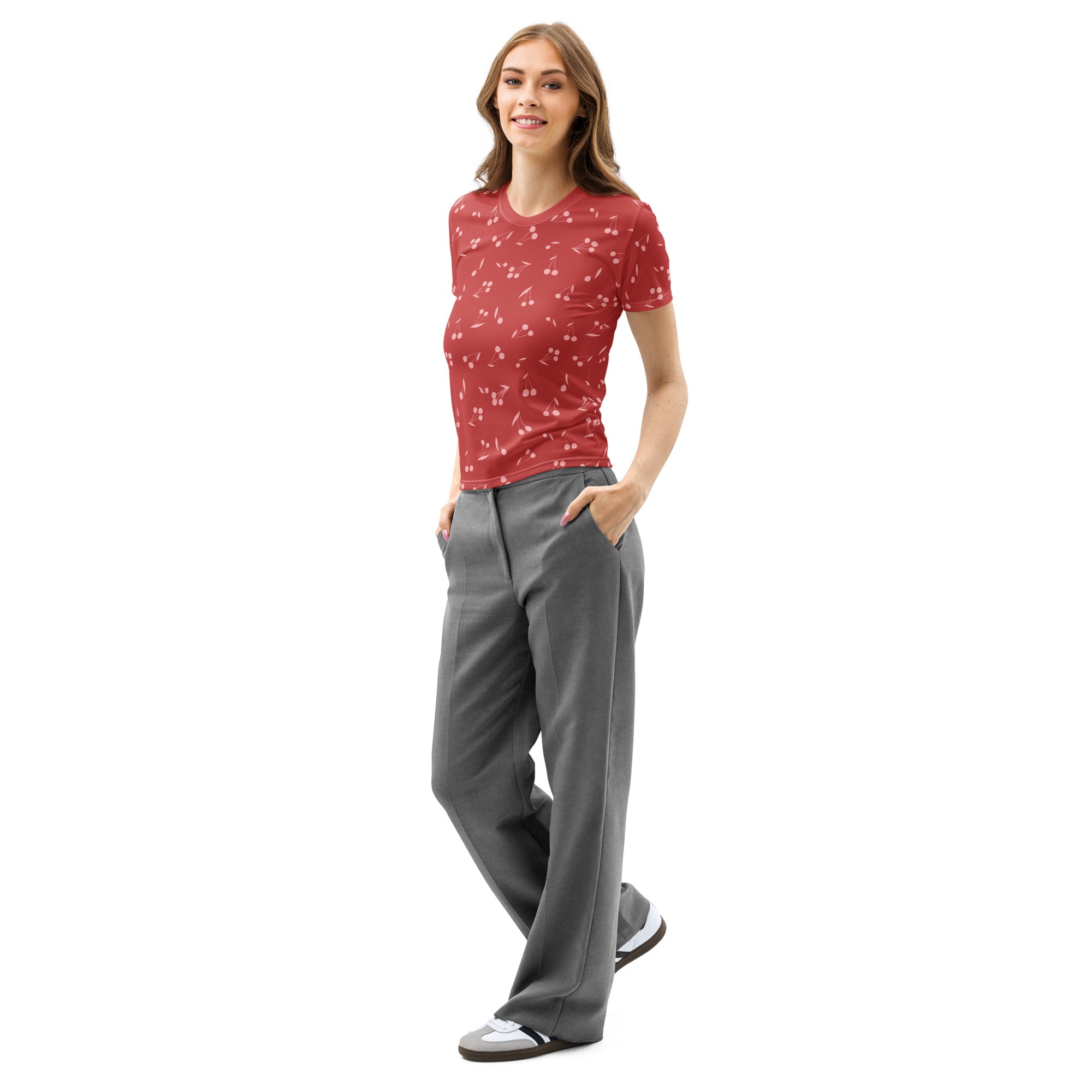 A woman wearing a women’s red cherry print cotton t-shirt with soft stretch and pilling resistant fabric