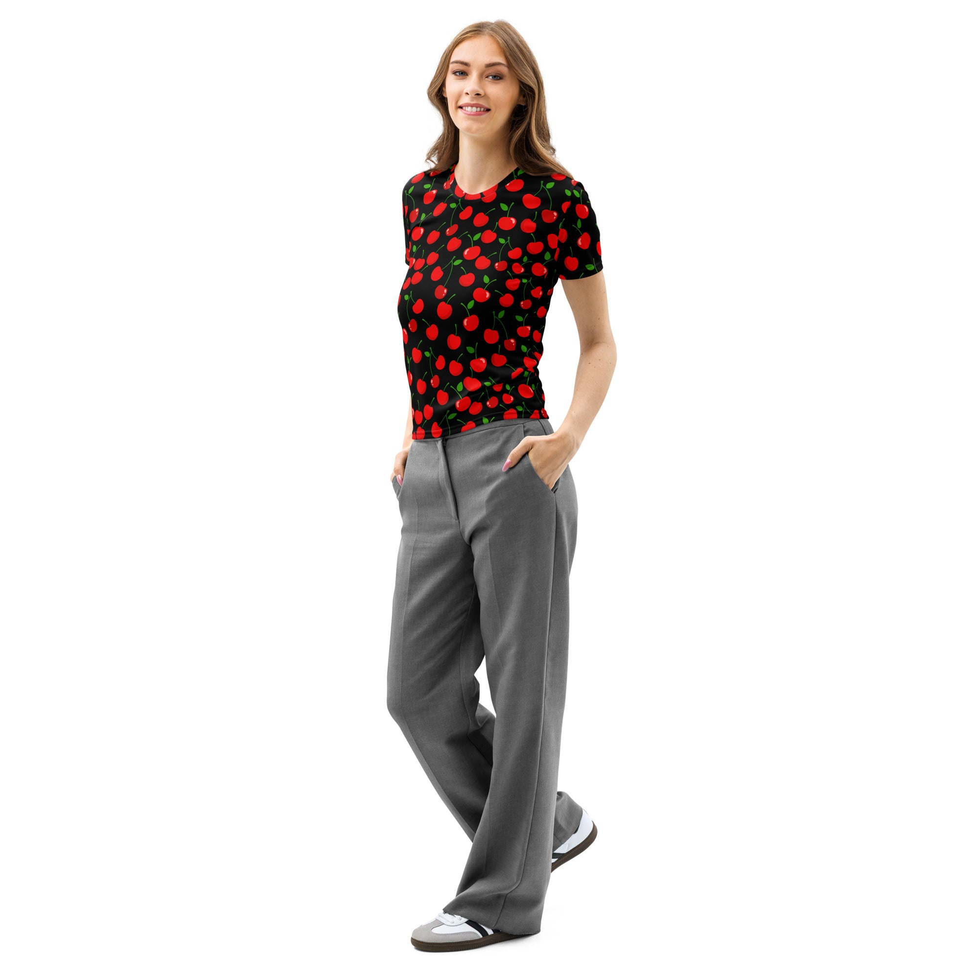 Black short-sleeved cotton t-shirt with vibrant red cherry print soft stretch and pilling resistant tee for women