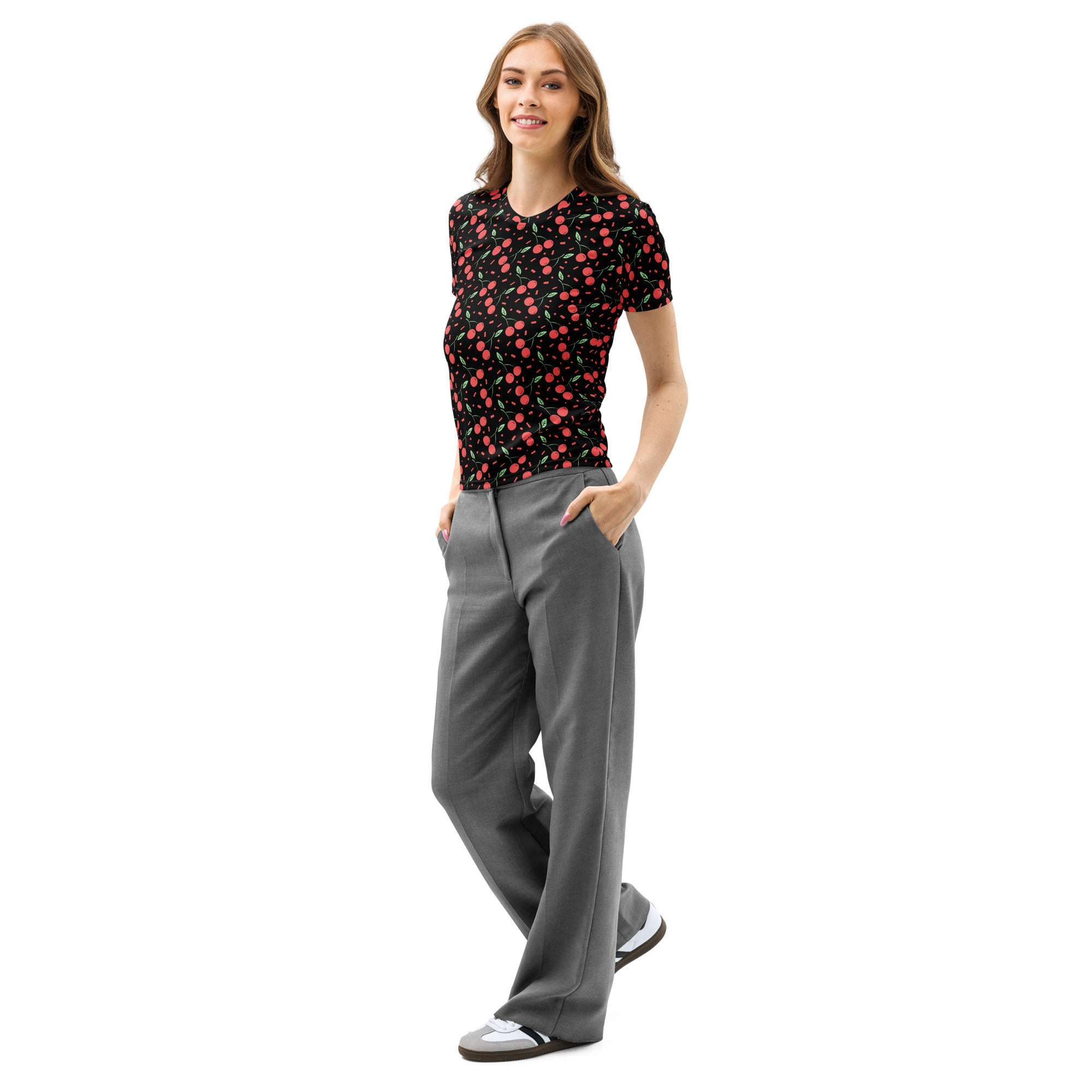 Black short-sleeved women’s cotton t-shirt with red cherry print soft stretch pilling resistant fabric