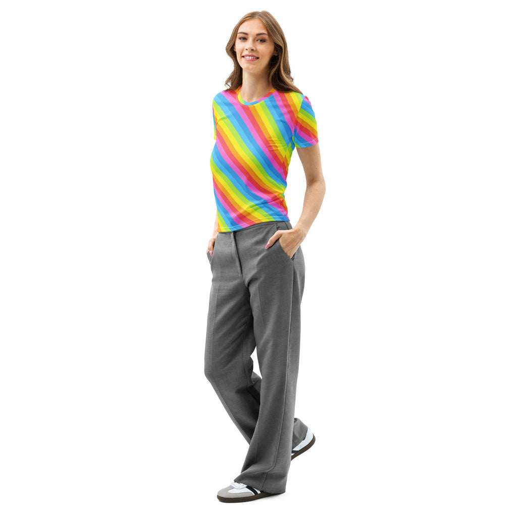 Women’s Rainbow Diagonal Stripe Cotton T-Shirt – Soft Stretch Pilling Resistant Tee