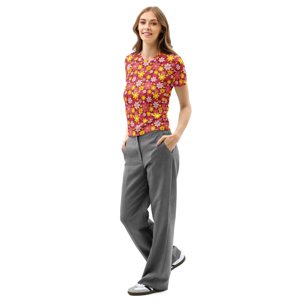 Women’s red floral cotton t-shirt with vibrant pink short sleeves featuring yellow and white flowers soft pilling resistant