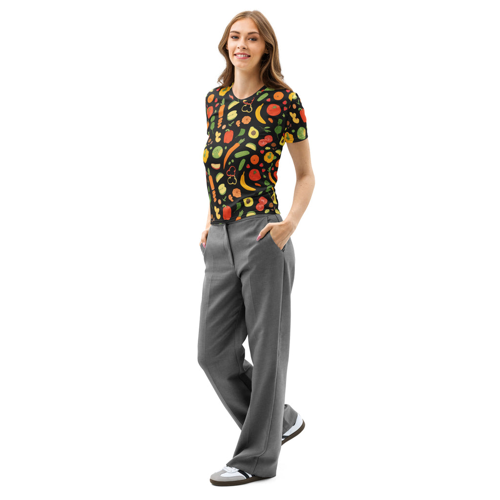 A black short-sleeved women’s cotton t-shirt with a vibrant vegetable print featuring soft stretch and pilling resistance