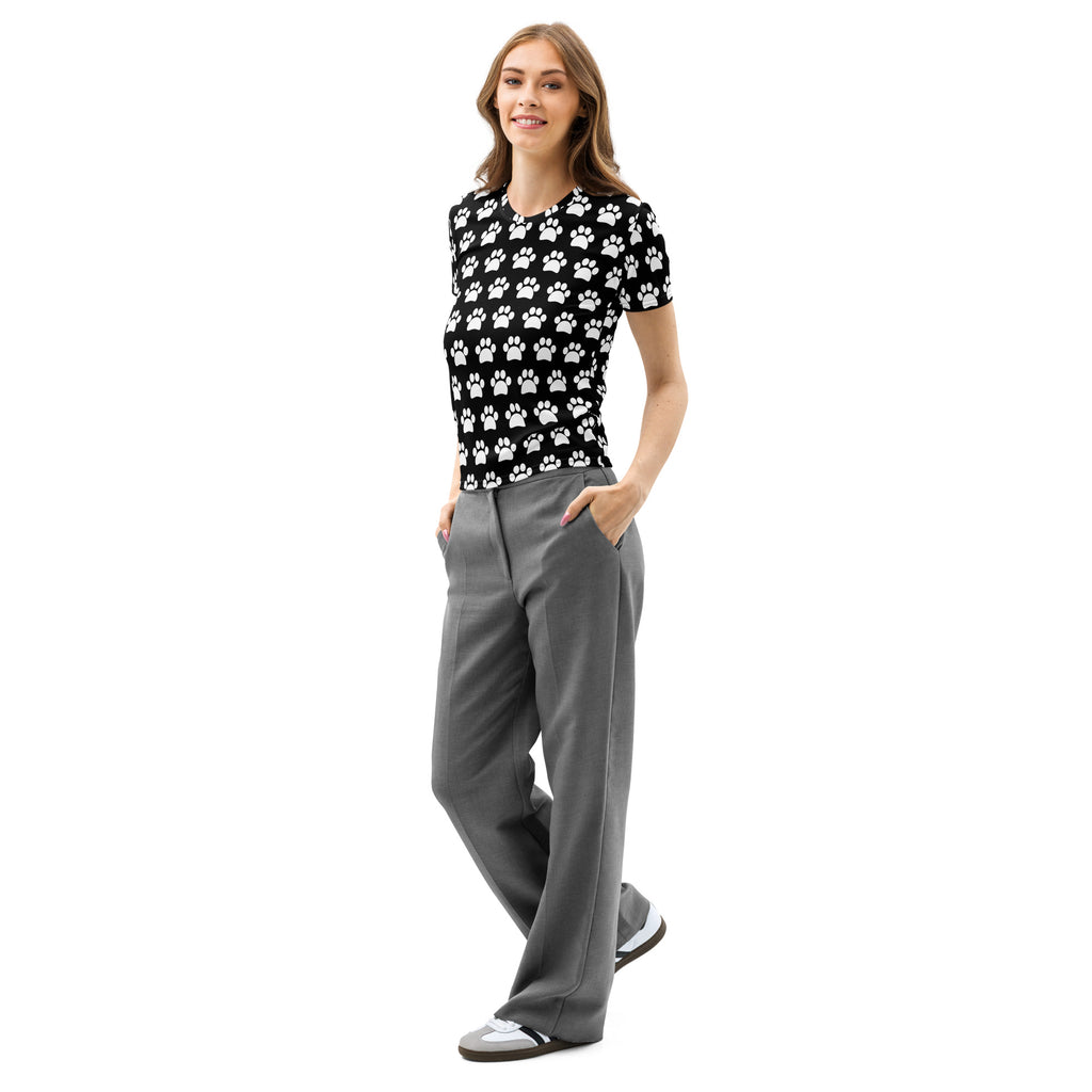 Women’s black cotton t-shirt with white paw print pattern soft stretch pilling resistant short-sleeved top