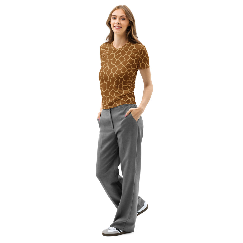 A woman wearing a soft stretch brown and tan giraffe print cotton t-shirt with short sleeves and pilling resistant fabric