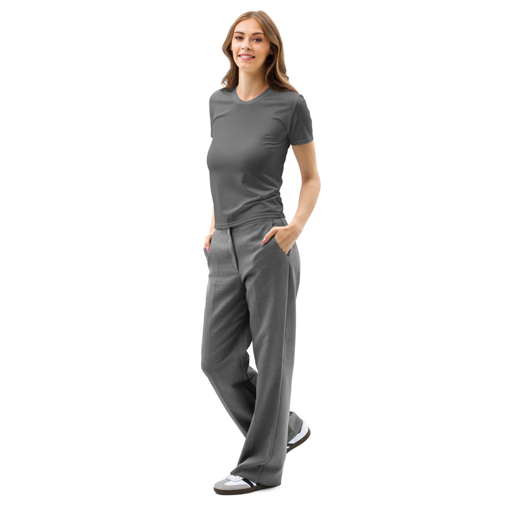 Women’s gray cotton t-shirt and matching wide-leg pants set featuring soft stretch and pilling resistant fabric