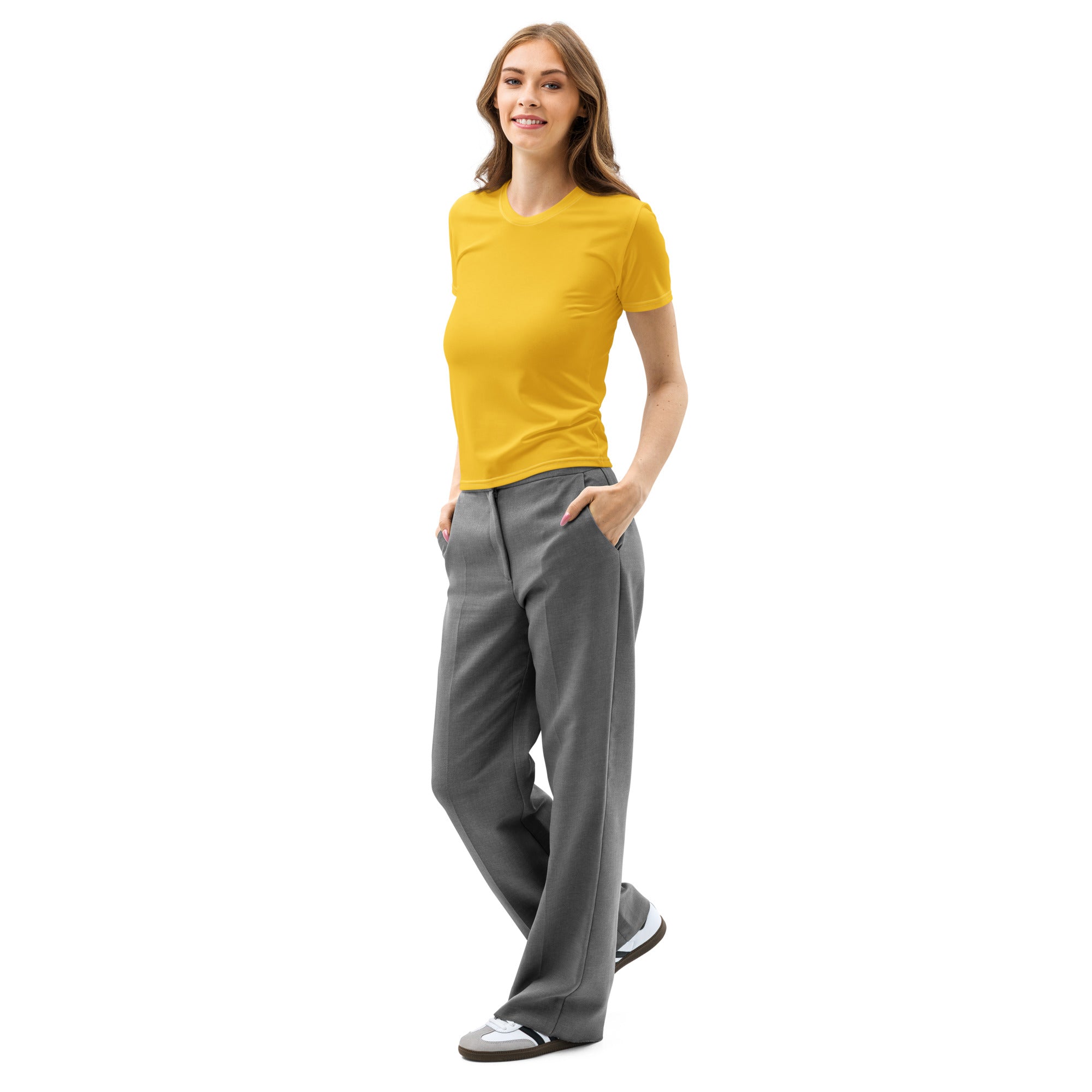 A woman wears a vibrant yellow cotton short-sleeved t-shirt with soft stretch and pilling resistant fabric