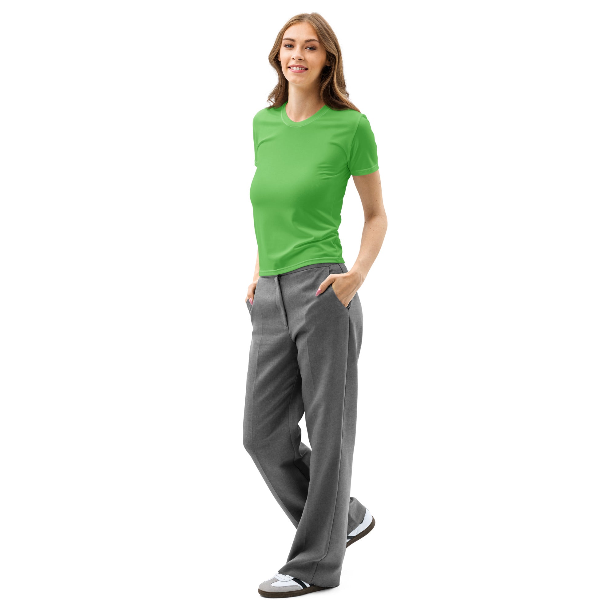 A woman wearing a vibrant green cotton short-sleeved t-shirt with soft stretch and pilling resistant fabric