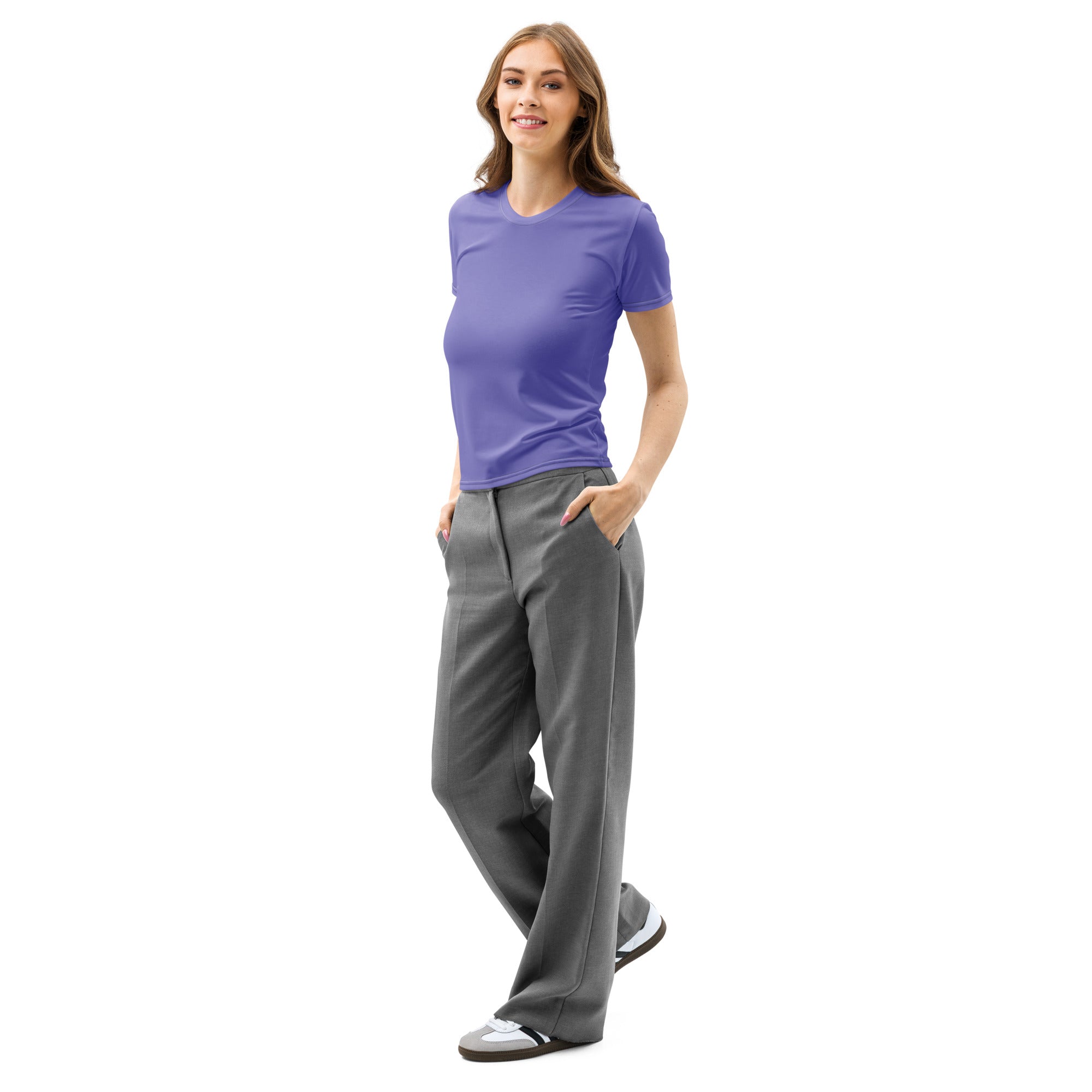 A woman wears a lavender purple cotton short-sleeved t-shirt with soft stretch and pilling resistant fabric