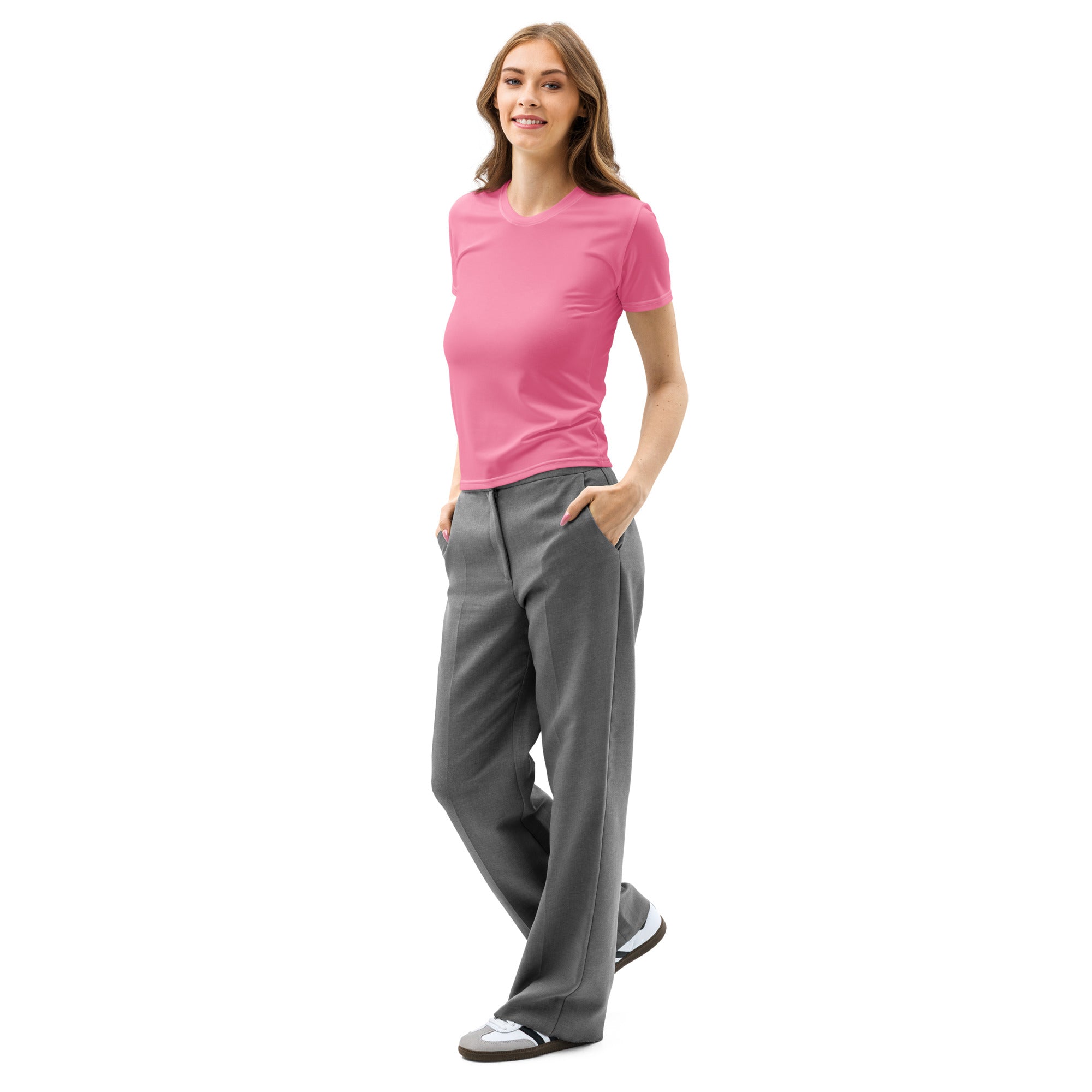A woman wears a vibrant pink cotton short-sleeved t-shirt with soft stretch and pilling resistant fabric