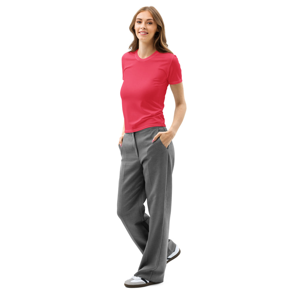 A woman wearing a vibrant red short-sleeved cotton t-shirt with soft stretch and pilling resistant fabric