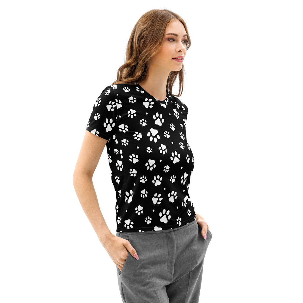 Women’s black cotton short-sleeved t-shirt with white paw print pattern soft stretch pilling resistant tee