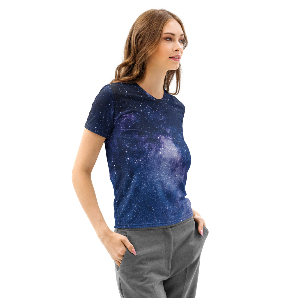 A navy blue women’s cotton short-sleeved t-shirt with a realistic purple and white galaxy print and soft stretch fabric