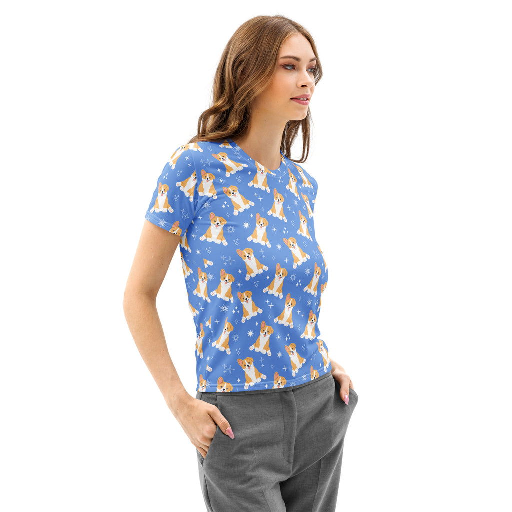 Women’s blue cotton t-shirt with soft stretch featuring a repeating pattern of tan and white corgi dogs with stars
