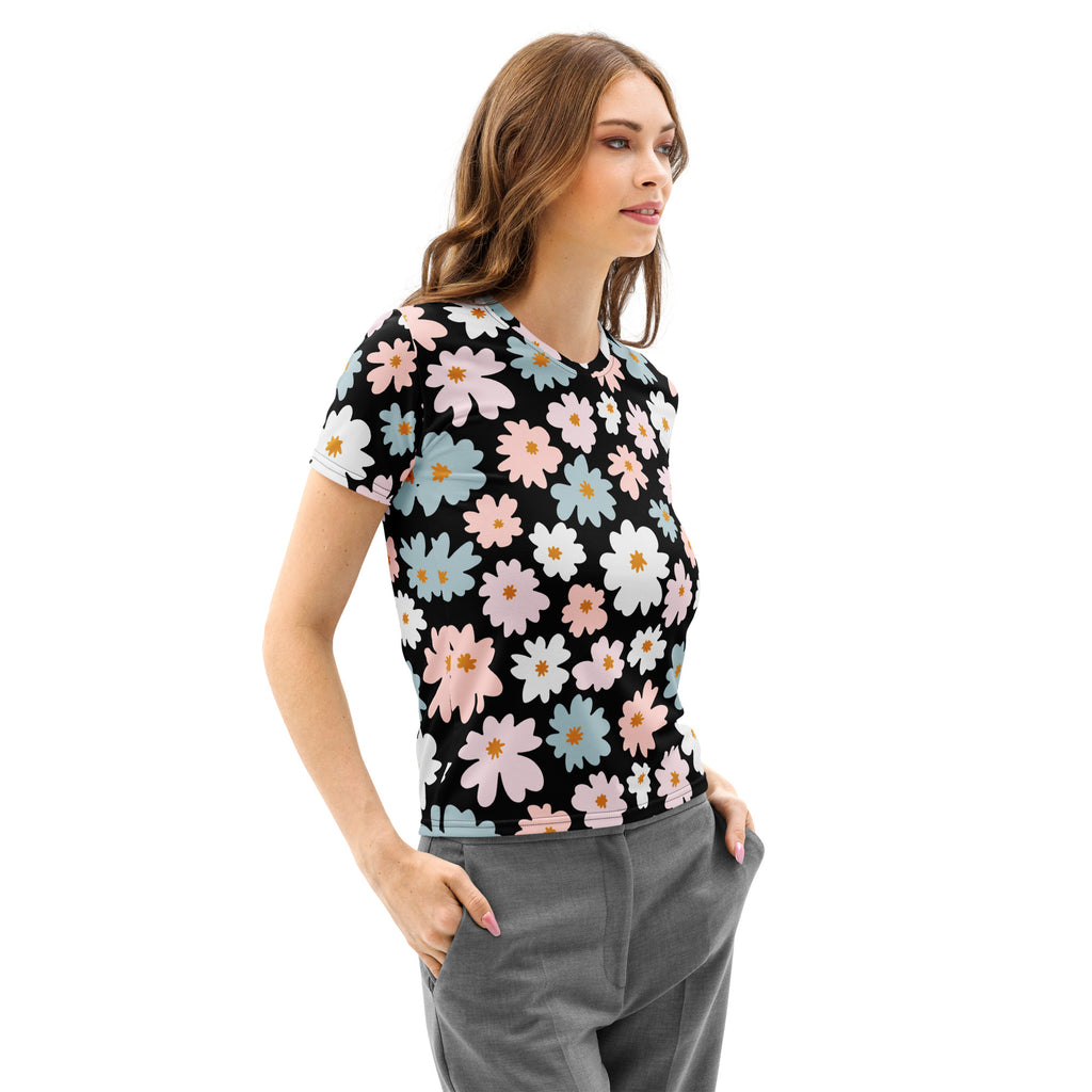 Women’s retro floral cotton t-shirt in black with vibrant pink white and light blue daisy pattern soft stretch tee