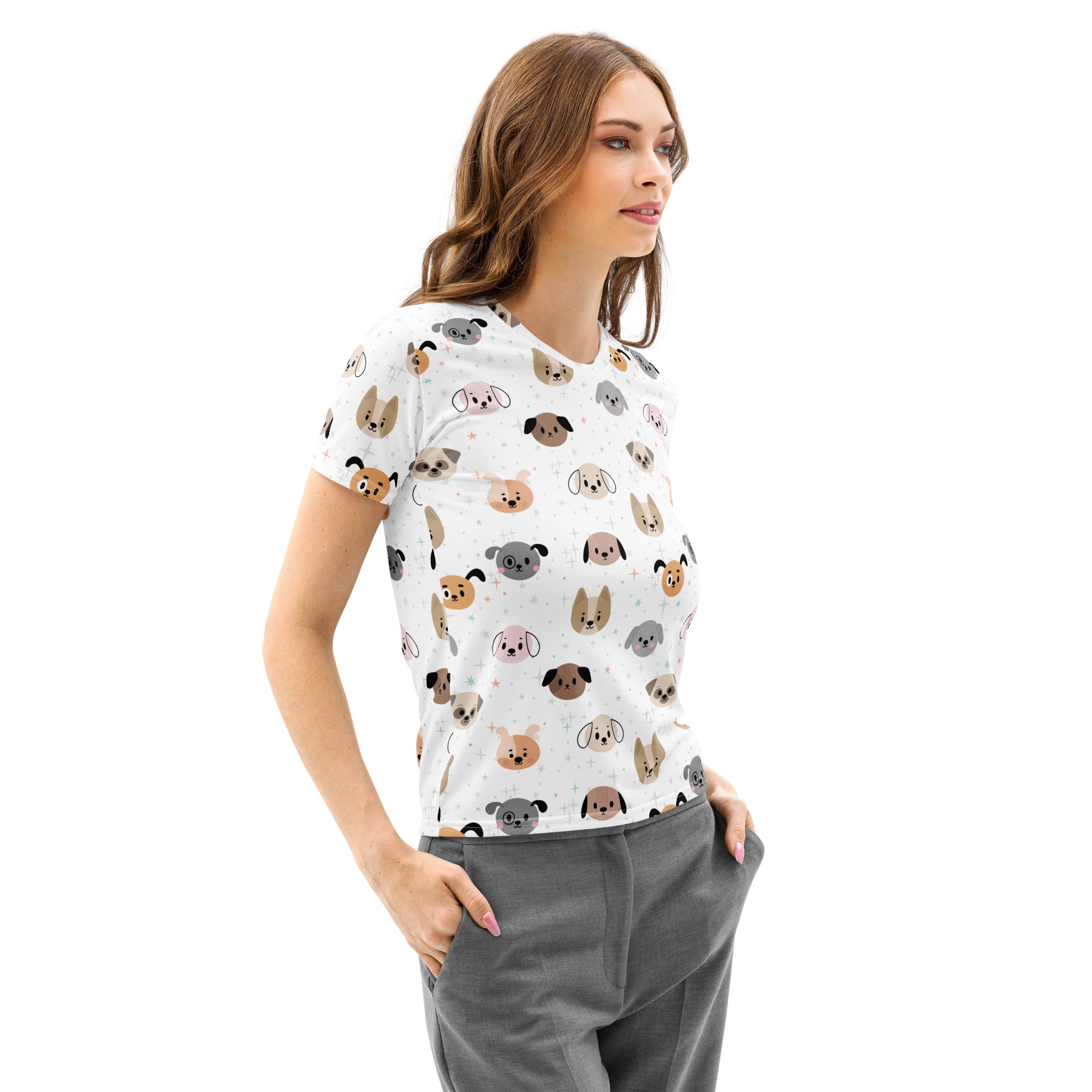 White women’s cotton t-shirt with short sleeves featuring colorful cartoon dog faces and a soft stretch pilling resistant fabric