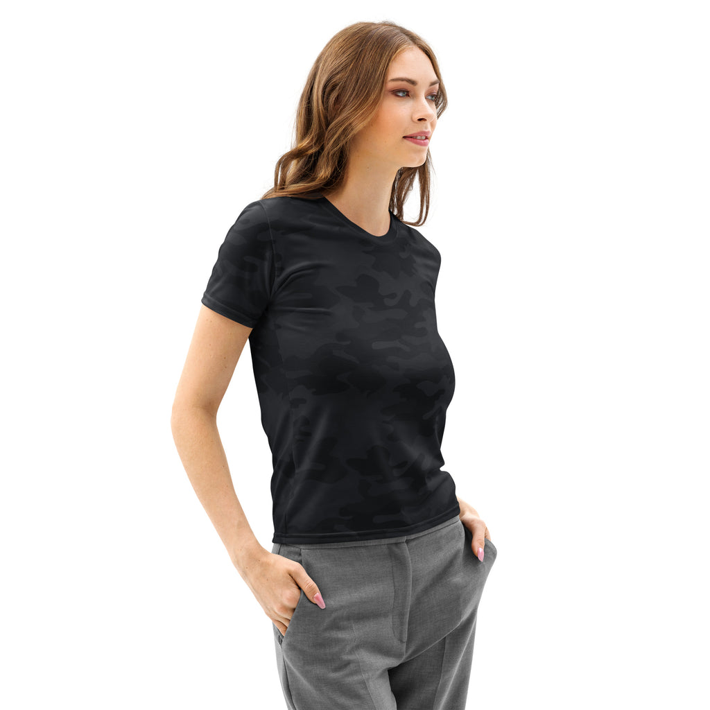 Women’s black camouflage cotton t-shirt with soft stretch and pilling resistant fabric shown from the front side
