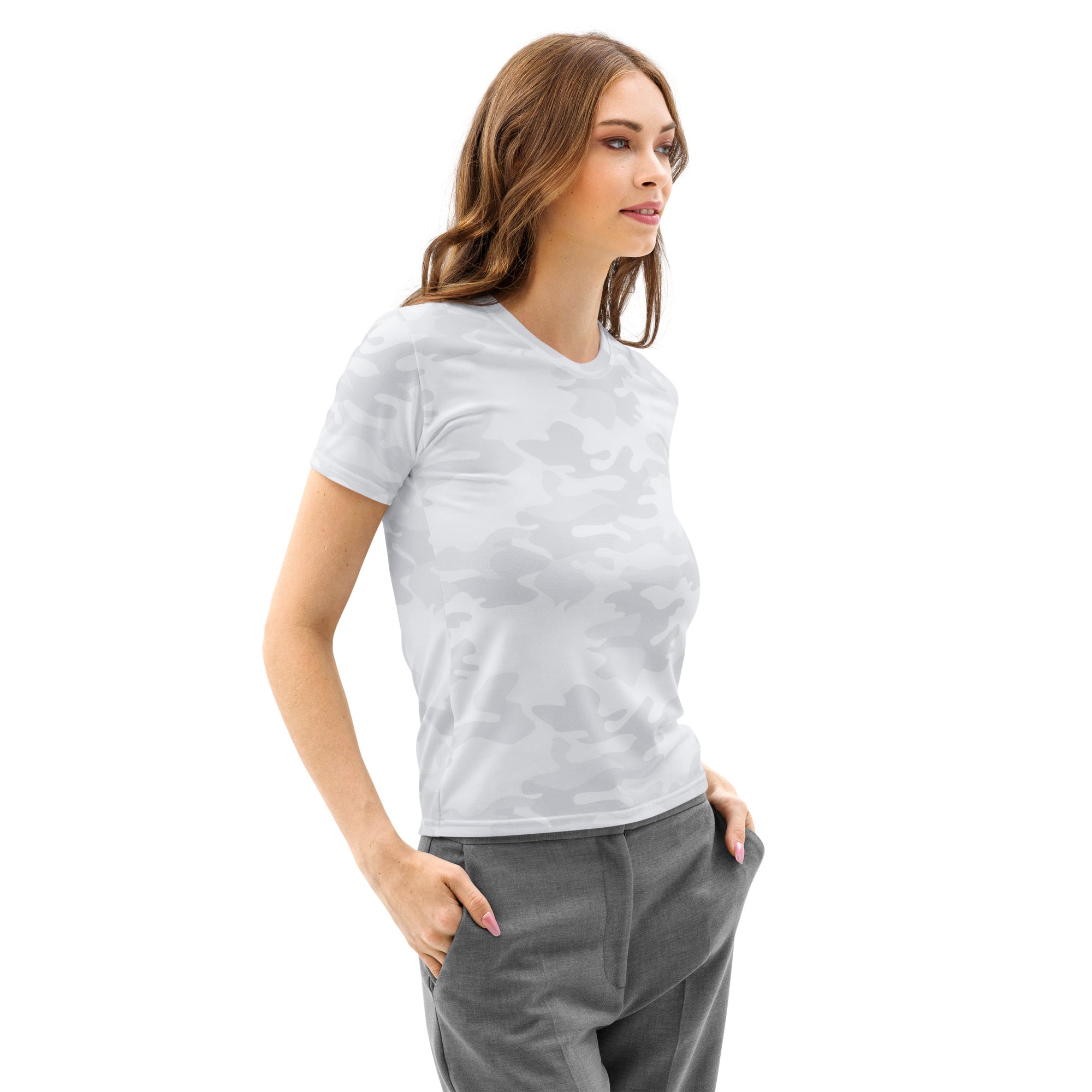 A woman wears a women’s white camouflage cotton short-sleeve t-shirt with soft stretch and pilling resistance