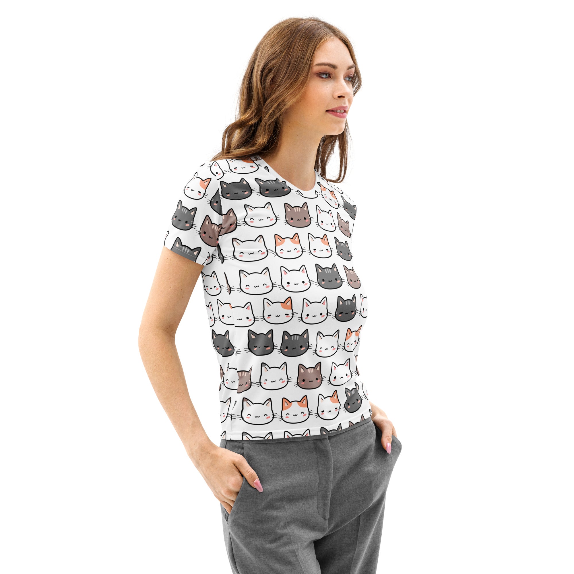 White short-sleeved women’s cotton t-shirt with colorful cartoon cat pattern soft stretch and pilling resistant