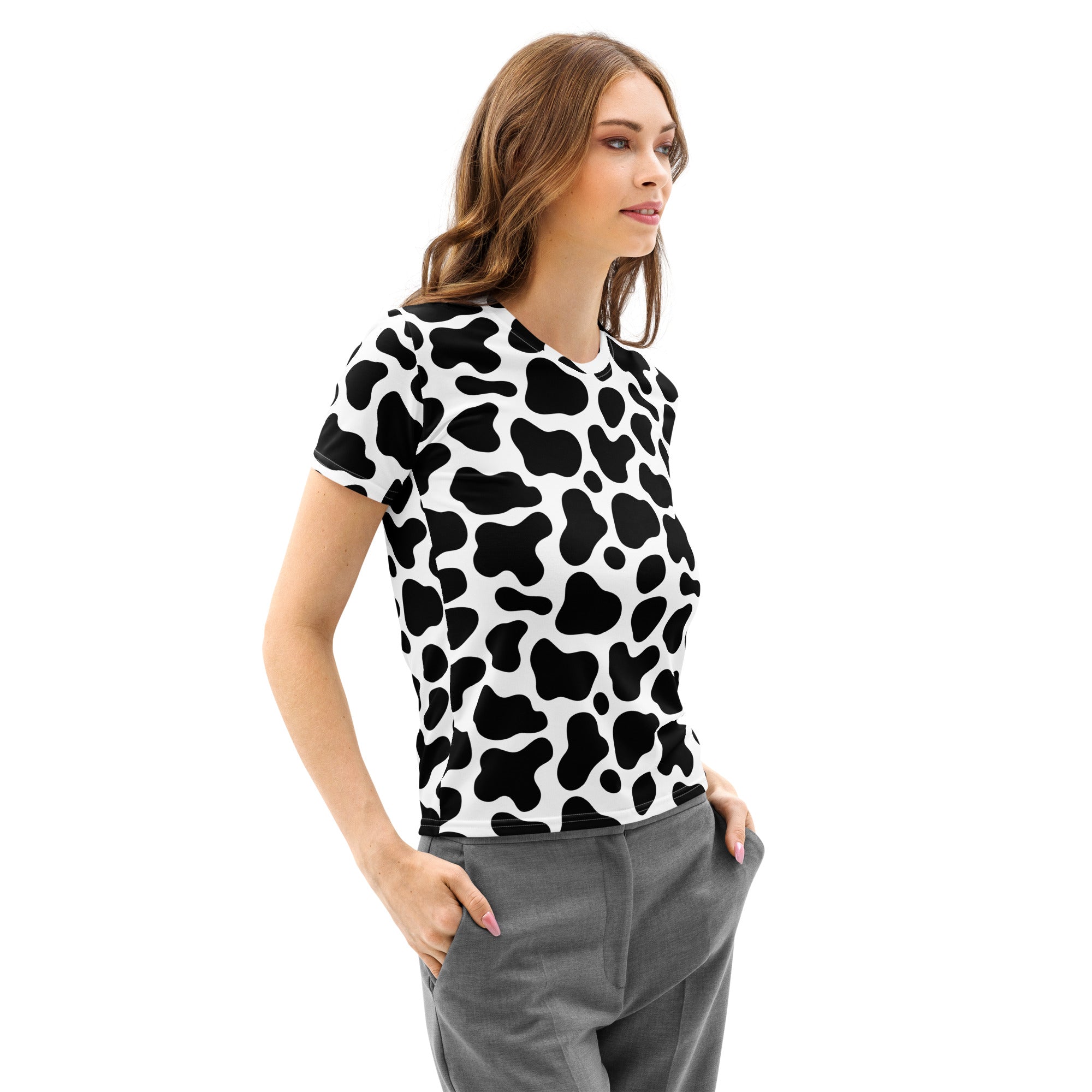 Women’s black and white cow print cotton t-shirt with short sleeves soft stretch pilling resistant tee