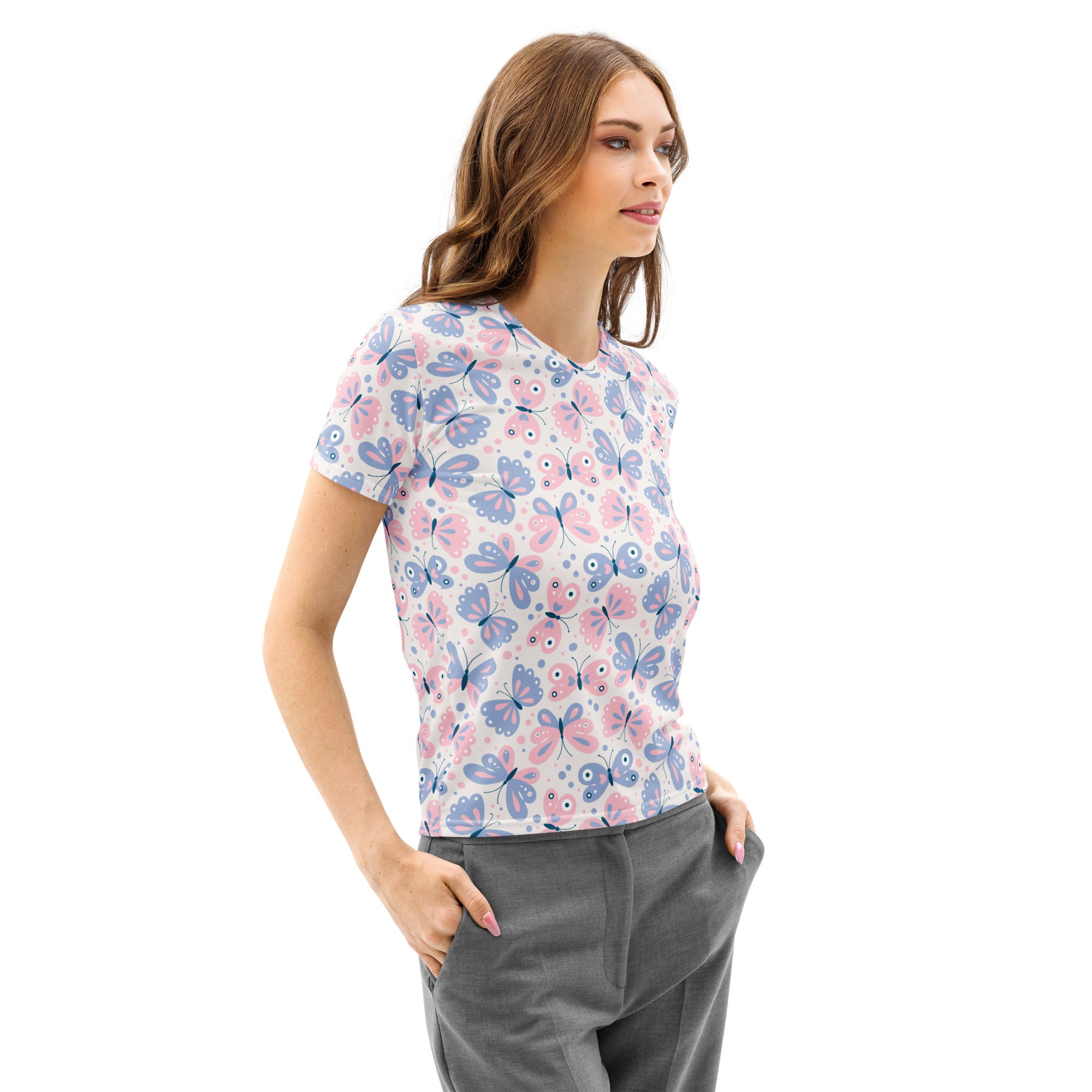 Women’s butterfly print cotton t-shirt with short sleeves soft stretch pilling resistant pink and blue butterflies on light background
