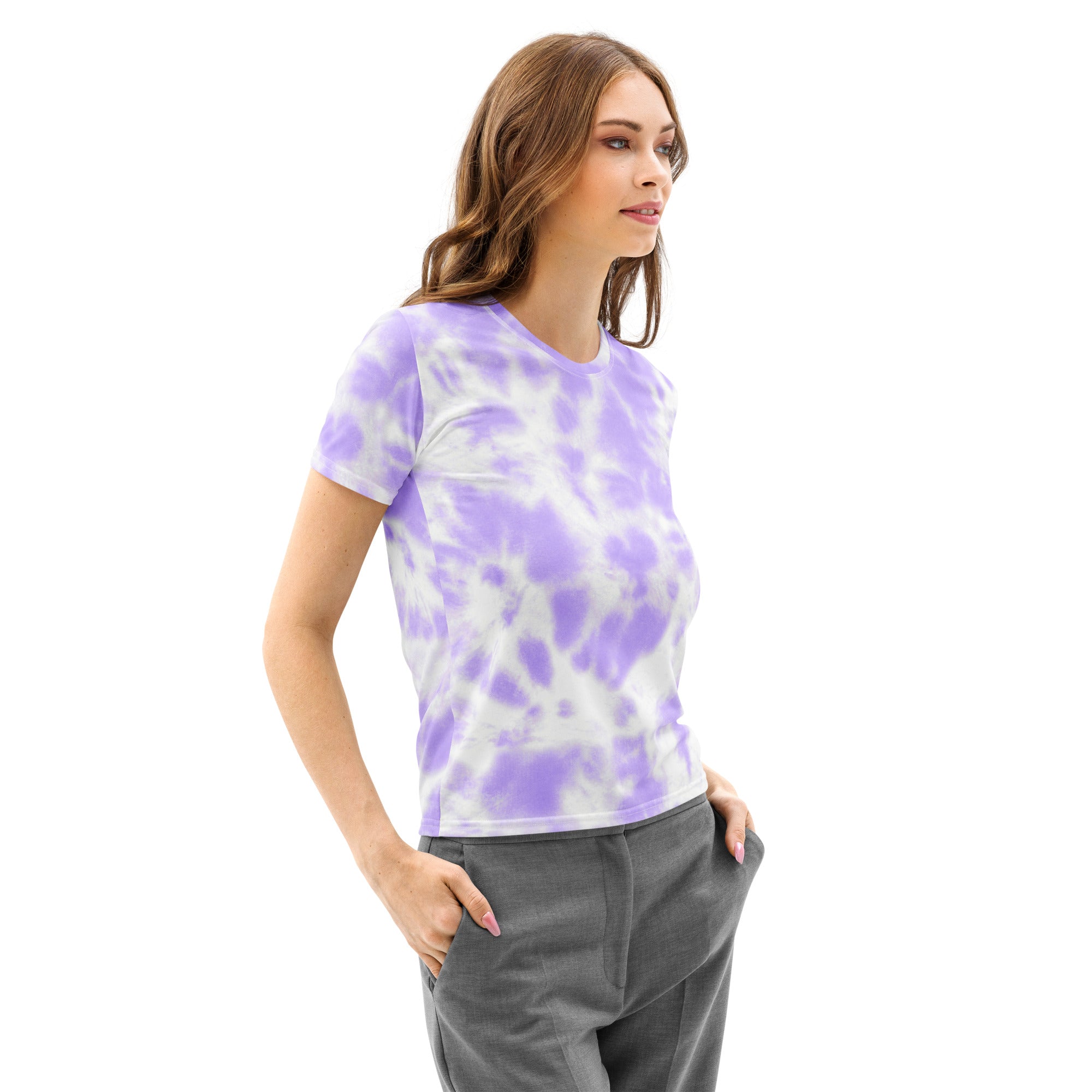 Women’s lavender and white tie dye cotton t-shirt with soft stretch and pilling resistant fabric