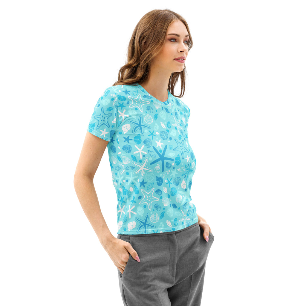 Women’s light blue cotton t-shirt with starfish and shells pattern, soft stretch and pilling resistant fabric