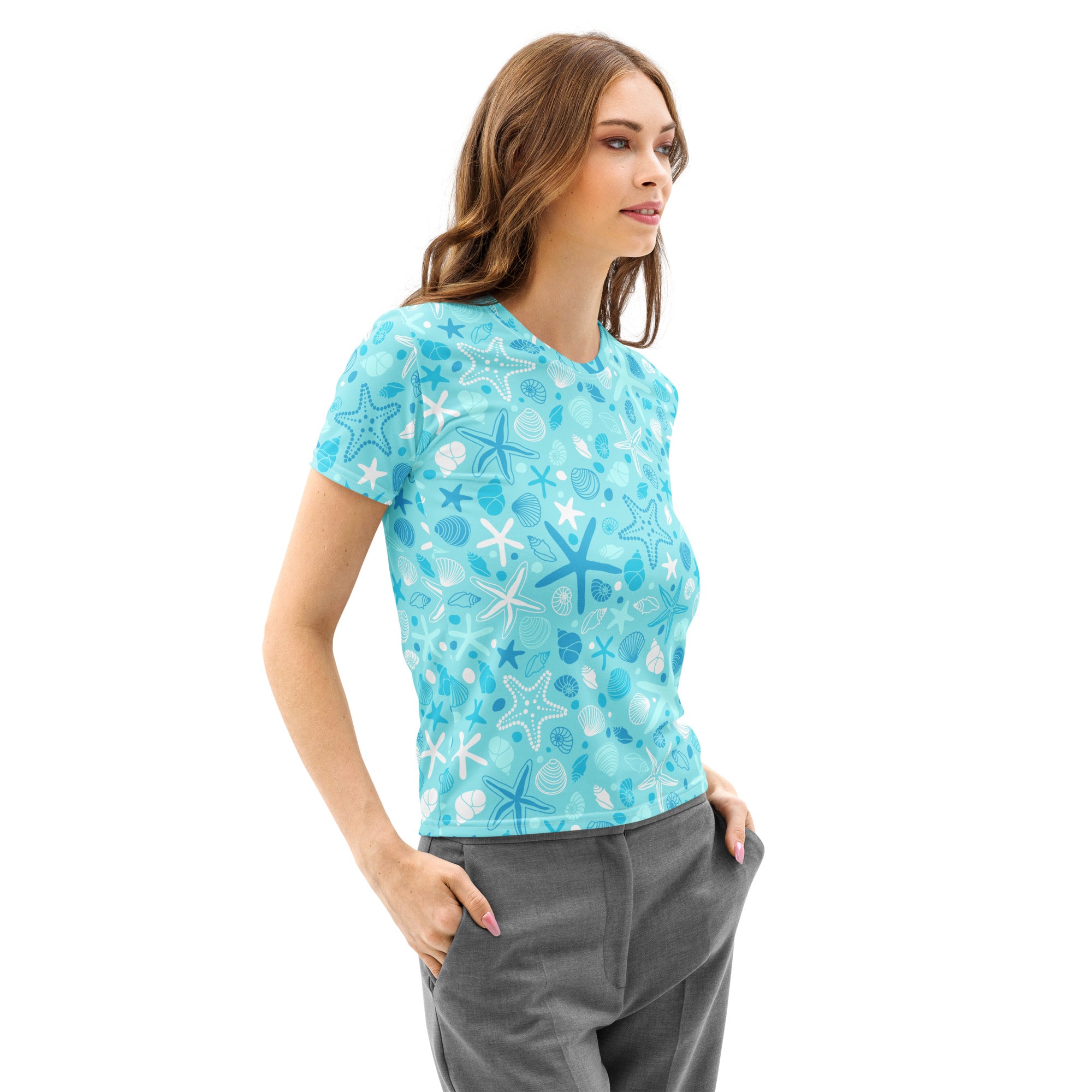 Women’s light blue cotton t-shirt with starfish and shells pattern, soft stretch and pilling resistant fabric