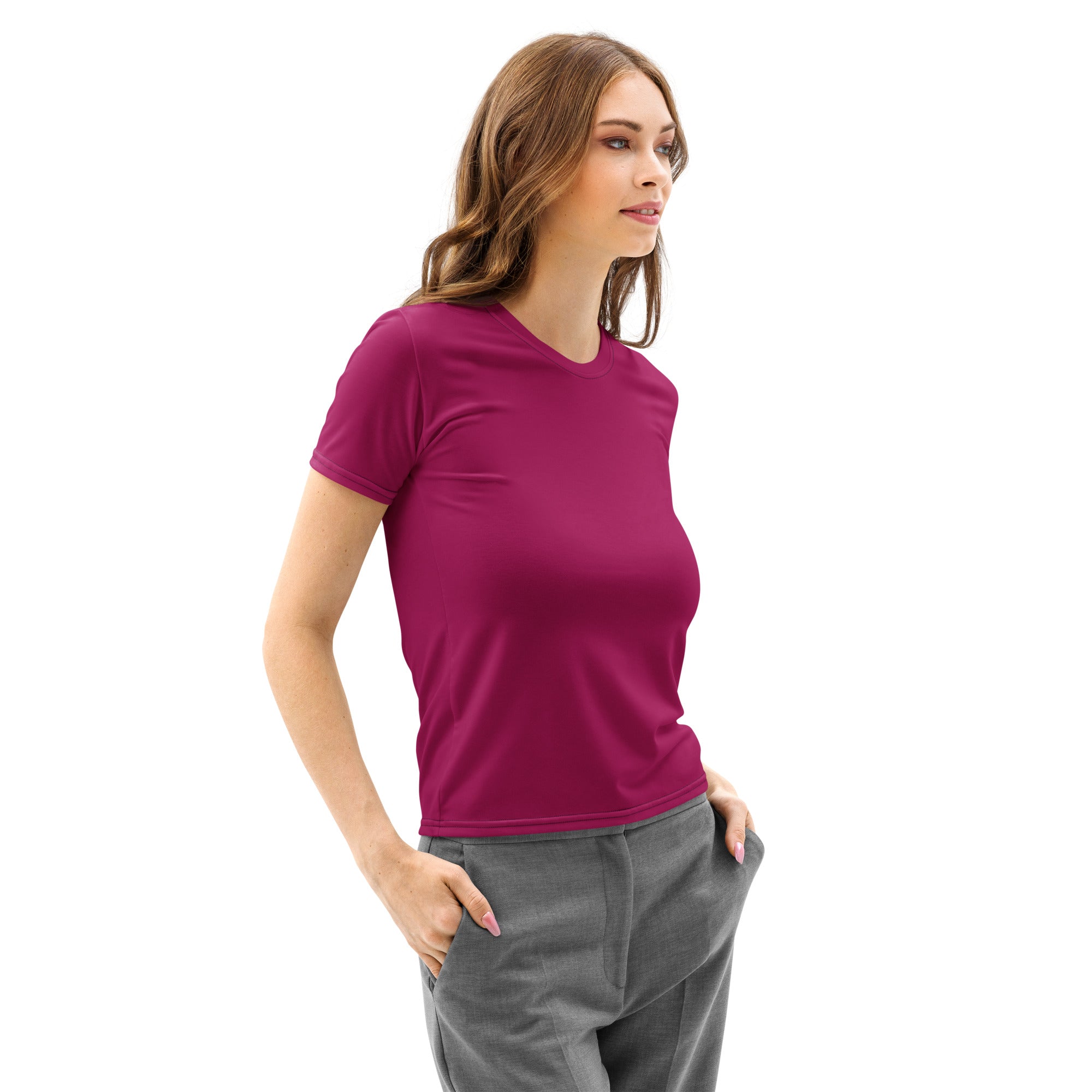 Women’s burgundy cotton t-shirt with soft stretch fabric and pilling resistant magenta short sleeves and crew neck