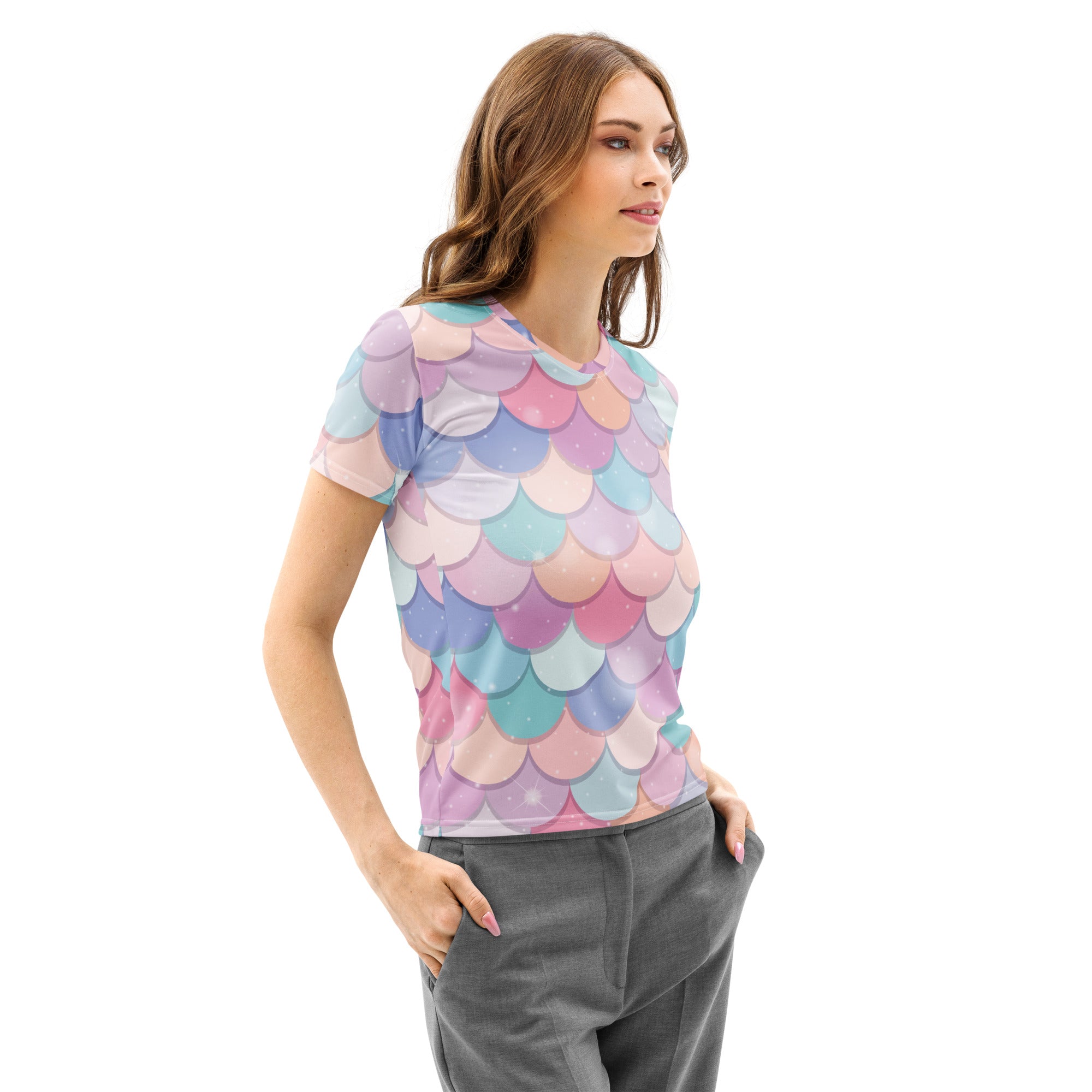 Women’s rainbow mermaid short-sleeved cotton T-shirt with vibrant pastel overlapping scale pattern soft stretch pilling resistant