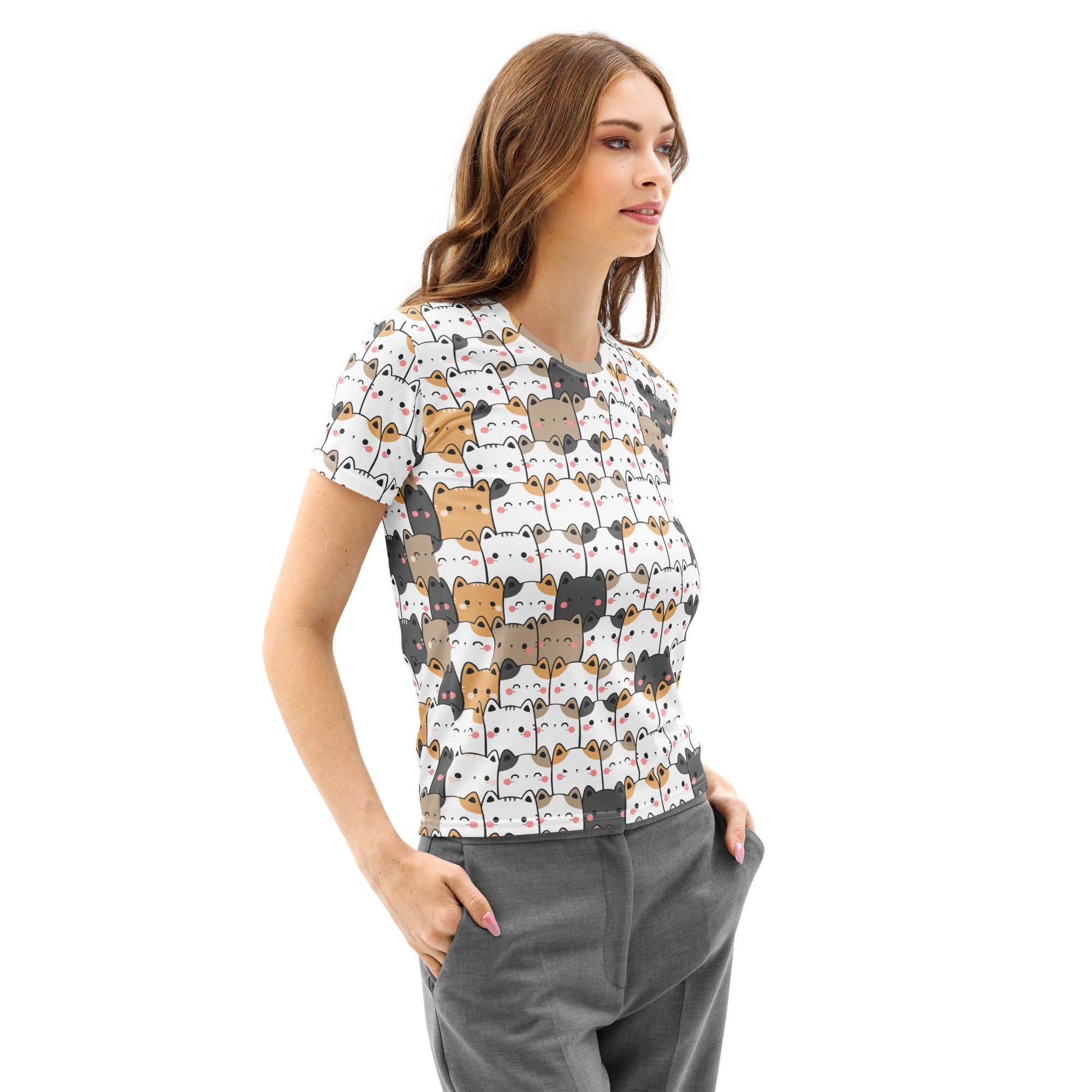 White short-sleeved cotton t-shirt with colorful kawaii cartoon cats soft stretch and pilling resistant tee