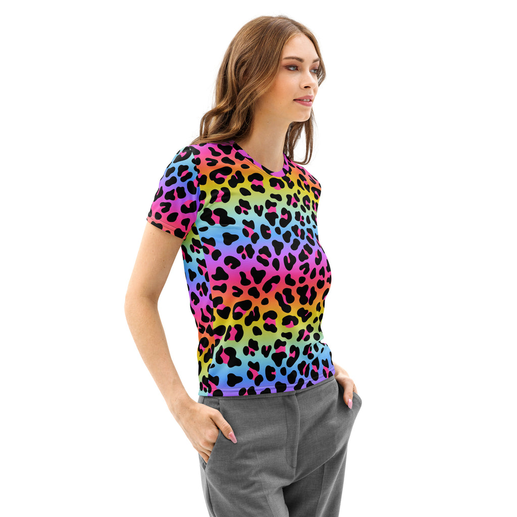 Women’s rainbow leopard cotton t-shirt with black spots soft stretch pilling resistant short-sleeved top