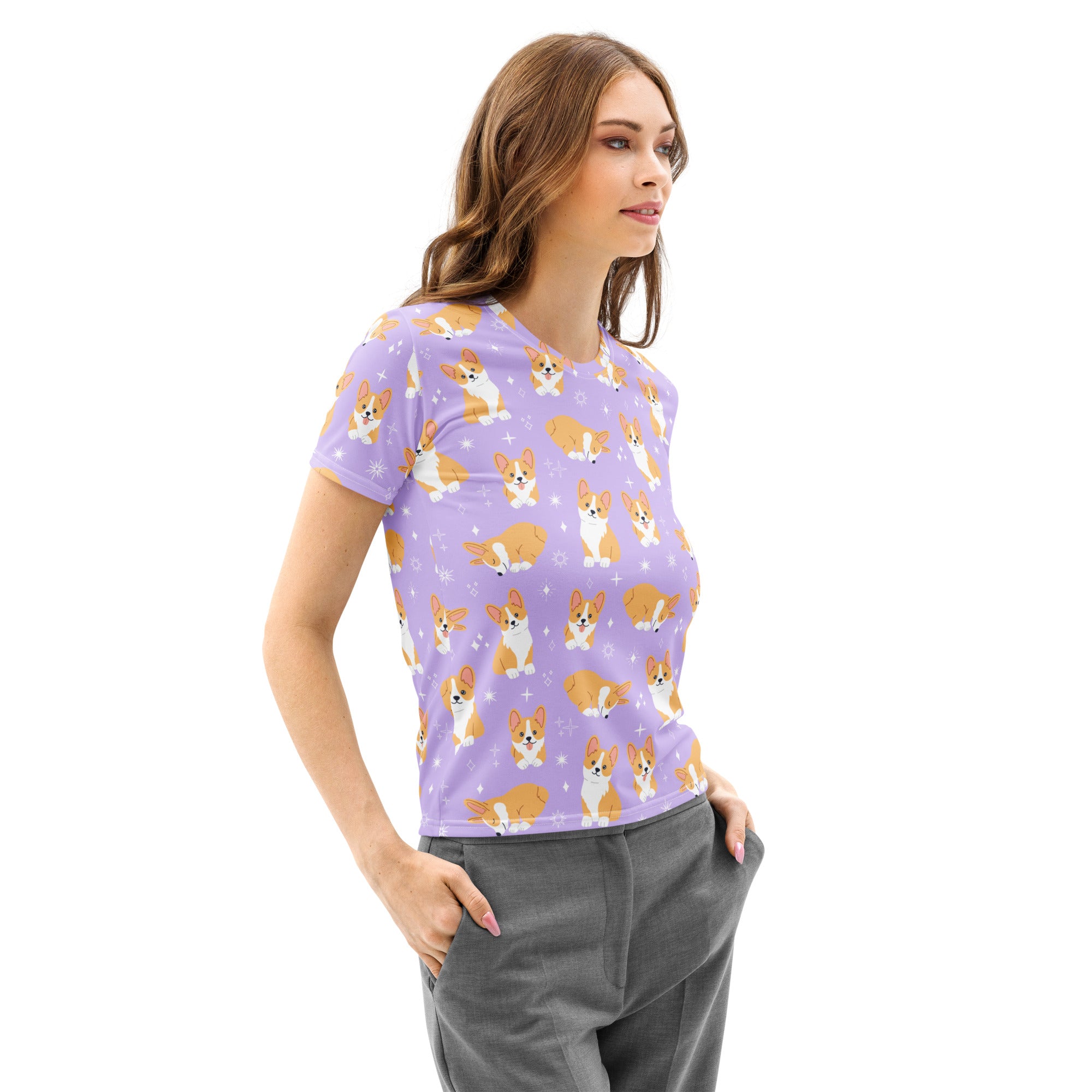 Women’s purple cotton t-shirt with playful orange and white corgi print and subtle star accents soft and pilling resistant