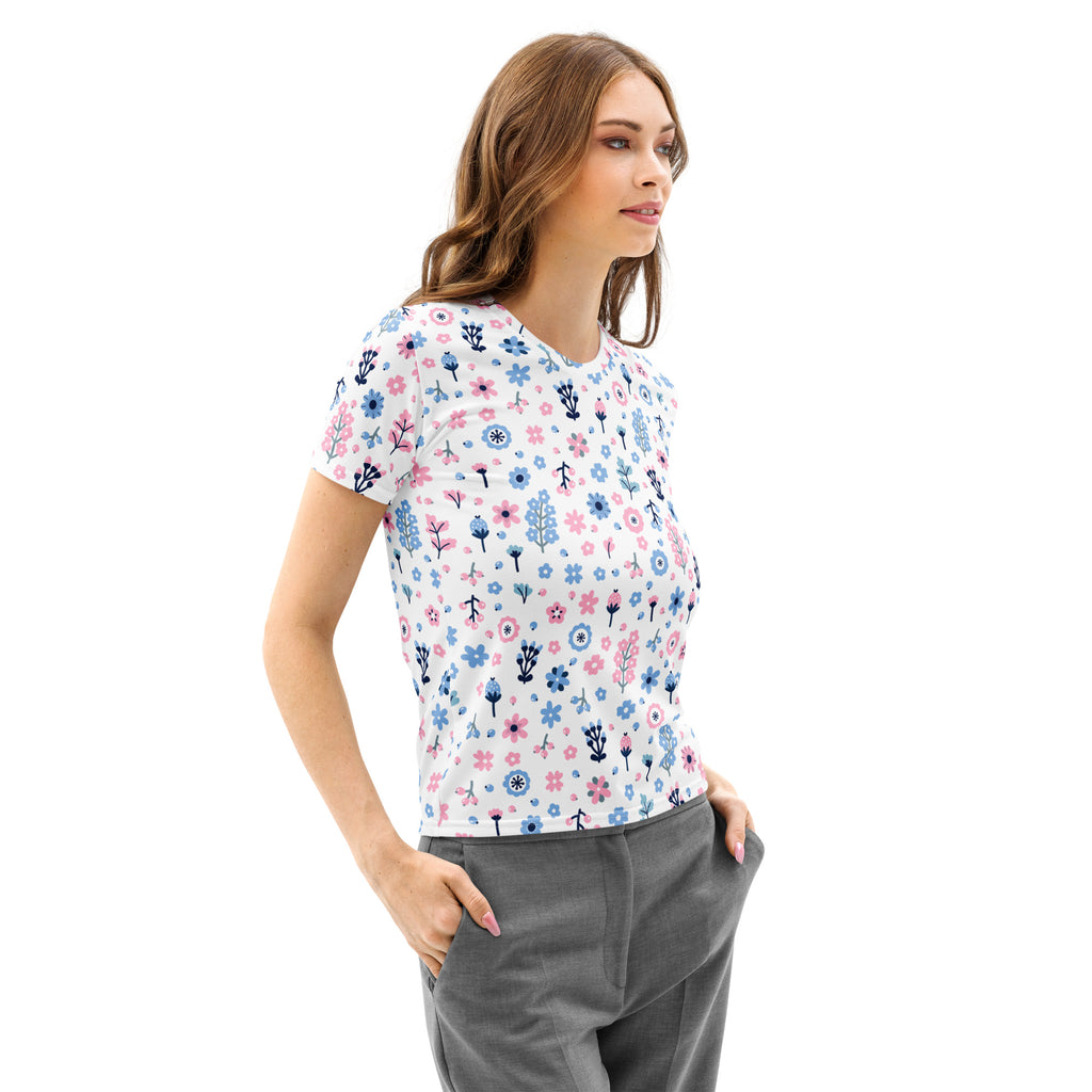 White cotton women’s short-sleeved t-shirt with pastel pink and blue floral pattern soft stretch pilling resistant tee