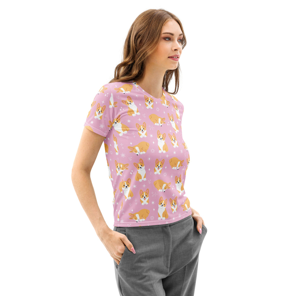 Women’s pink cotton t-shirt featuring a soft stretch corgi dog pattern with pilling resistant fabric
