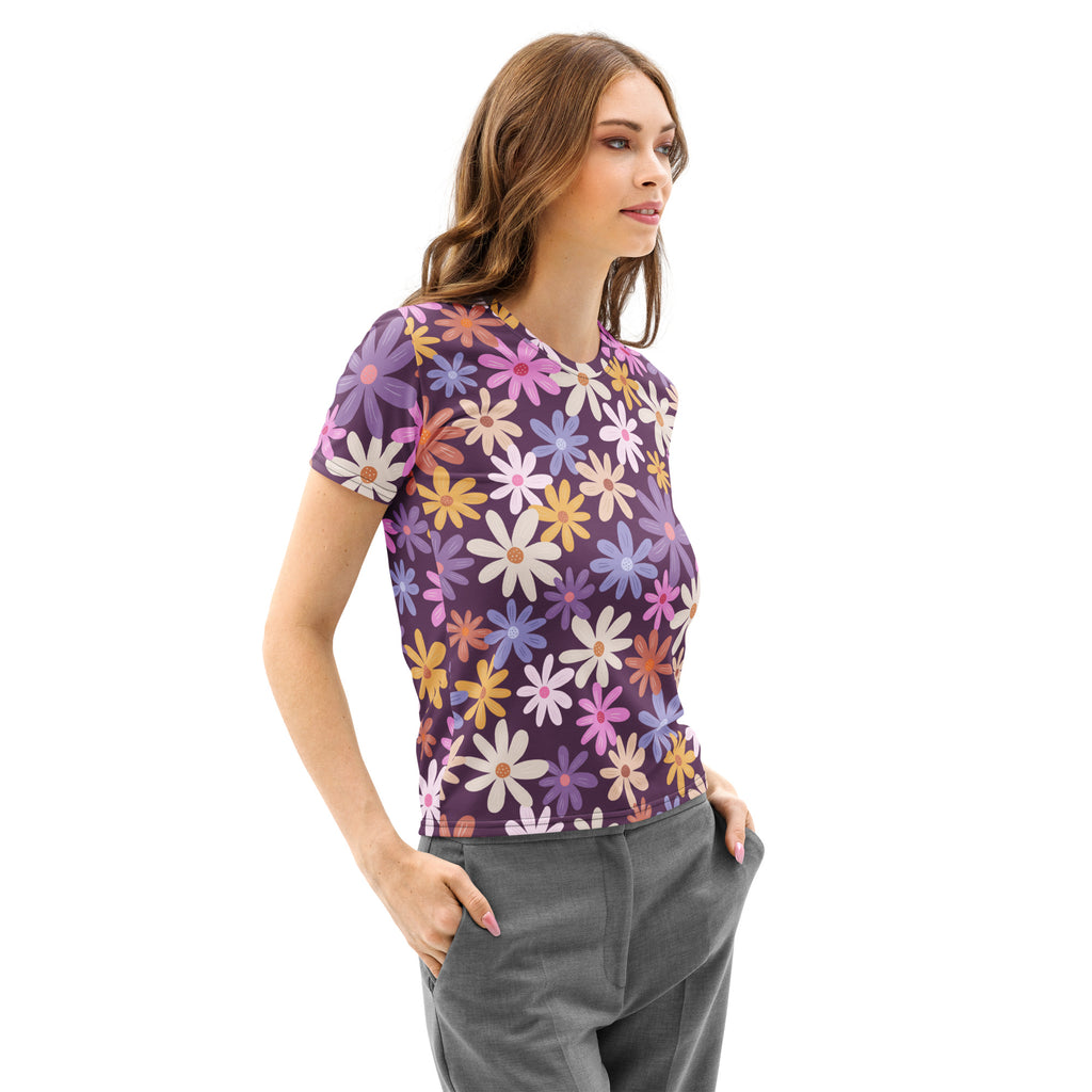 Women’s purple floral cotton t-shirt with soft stretch fabric featuring colorful daisy patterns in pink white yellow and blue