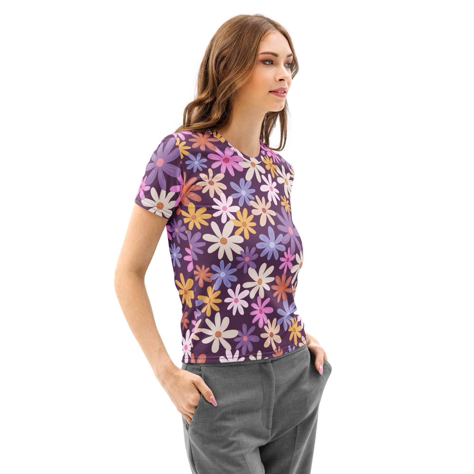 Women’s purple floral cotton t-shirt with soft stretch fabric featuring colorful daisy patterns in pink white yellow and blue