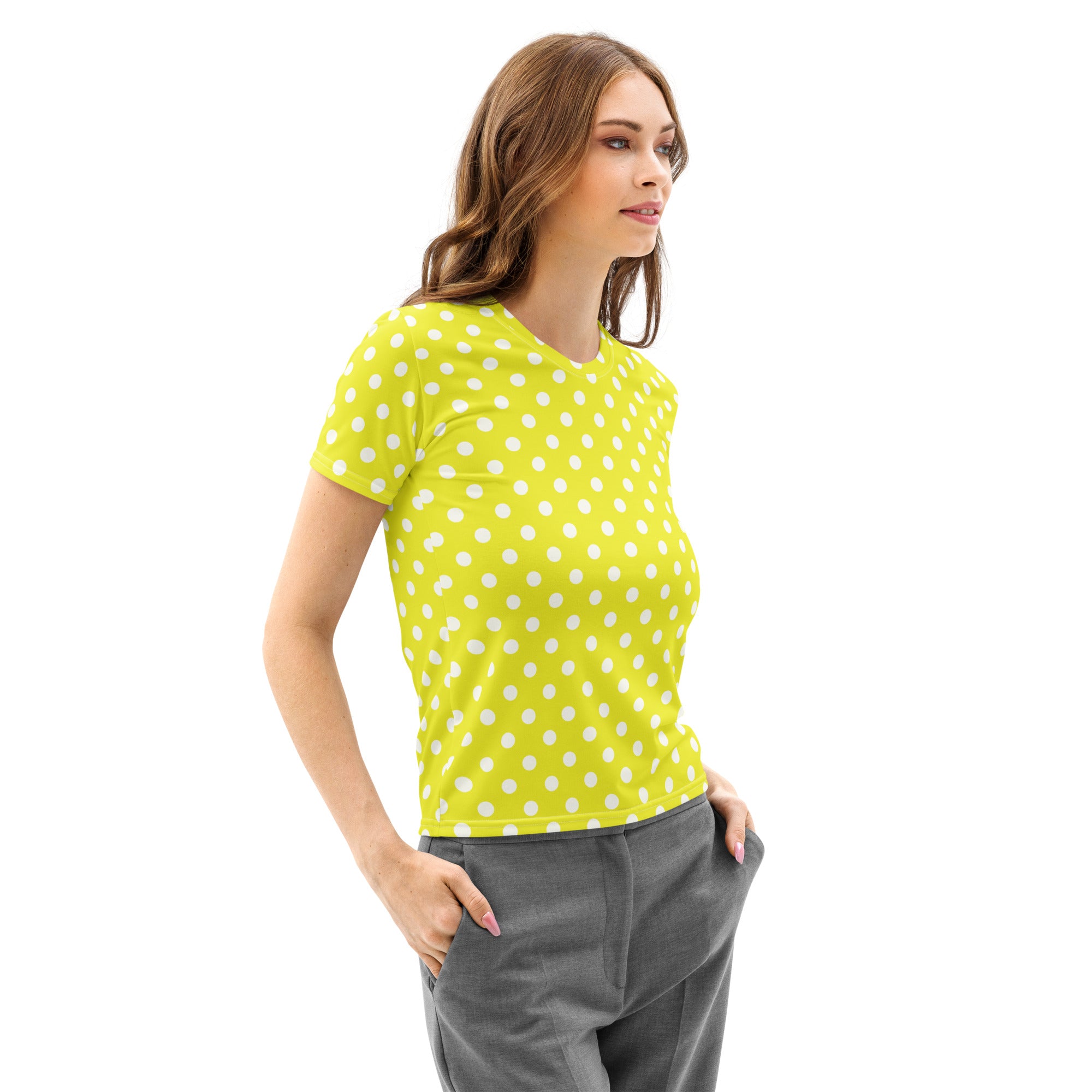 Women’s bright lime green short-sleeved cotton t-shirt with white polka dots soft stretch pilling resistant tee