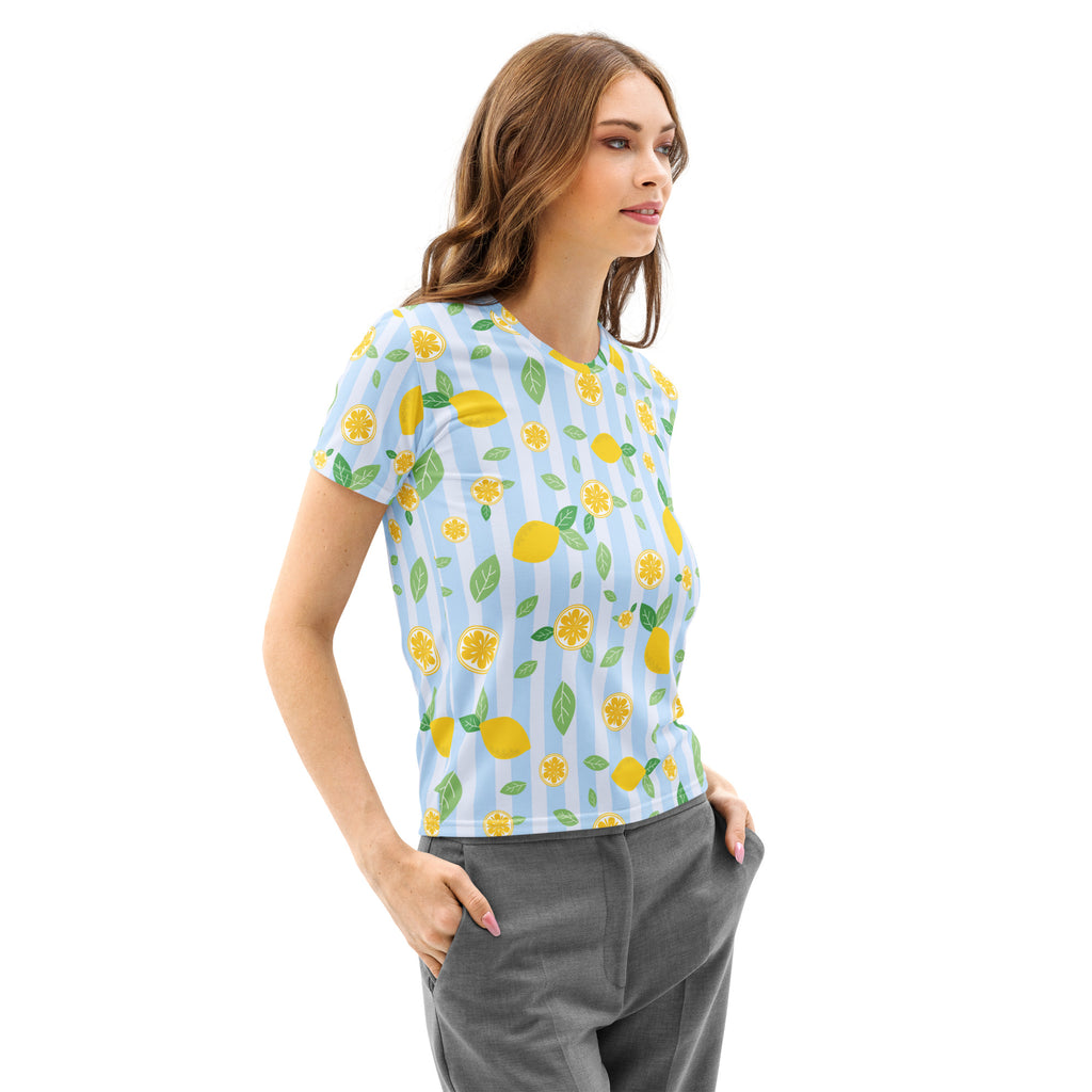 Light blue women’s cotton t-shirt with soft stretch featuring yellow lemons and green leaves on vertical stripes