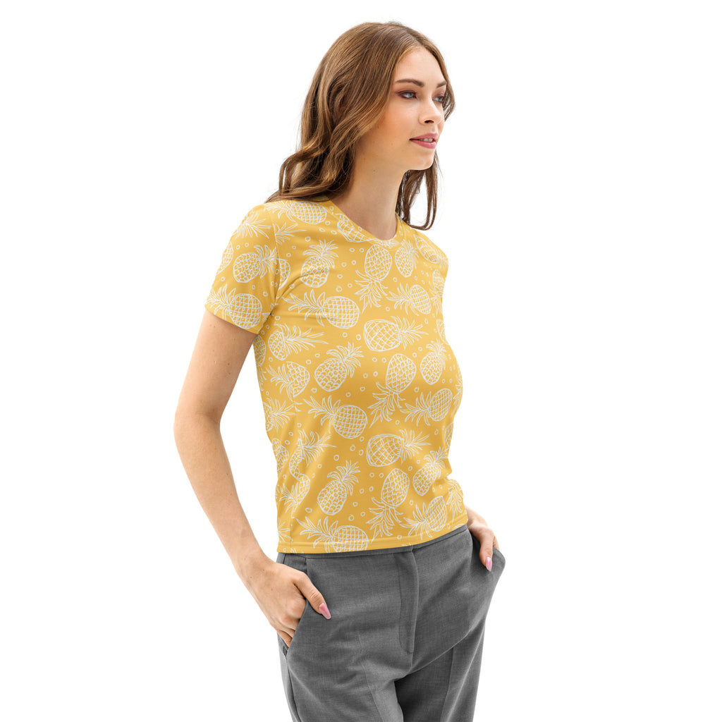 Yellow short-sleeved women’s tropical pineapple cotton t-shirt with white patterns soft stretch pilling resistant tee