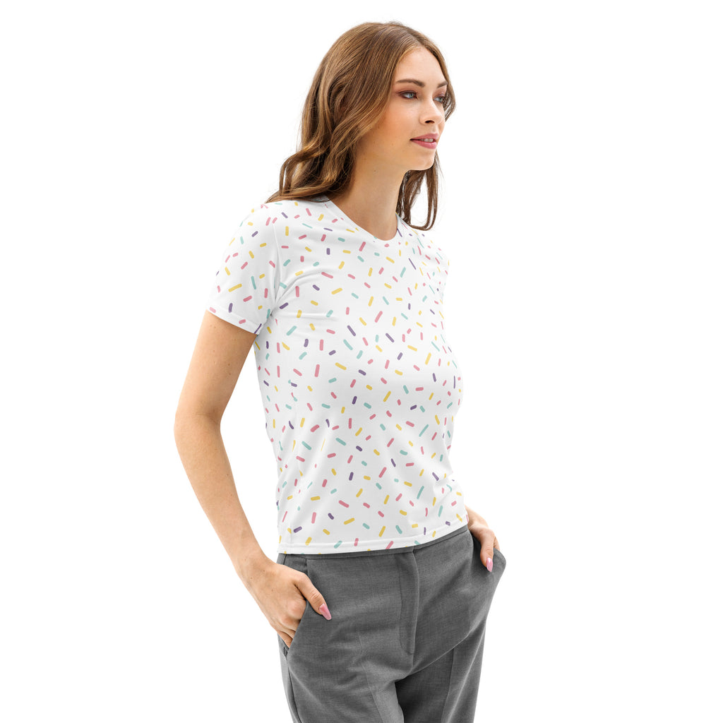 White short-sleeved women’s cotton t-shirt with multicolored sprinkles print soft stretch and pilling resistant