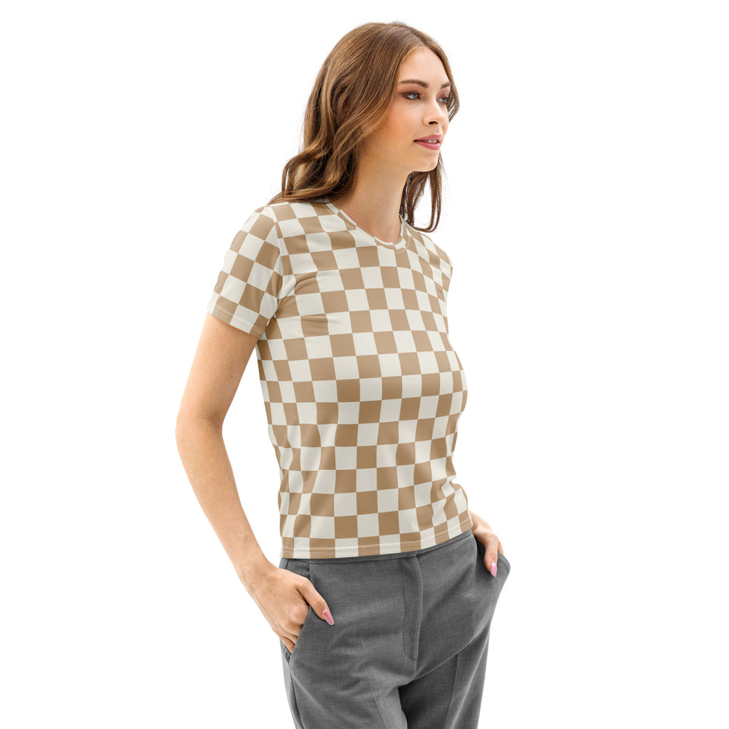 A beige and white checkered cotton t-shirt for women with short sleeves and a soft stretch pilling resistant fabric