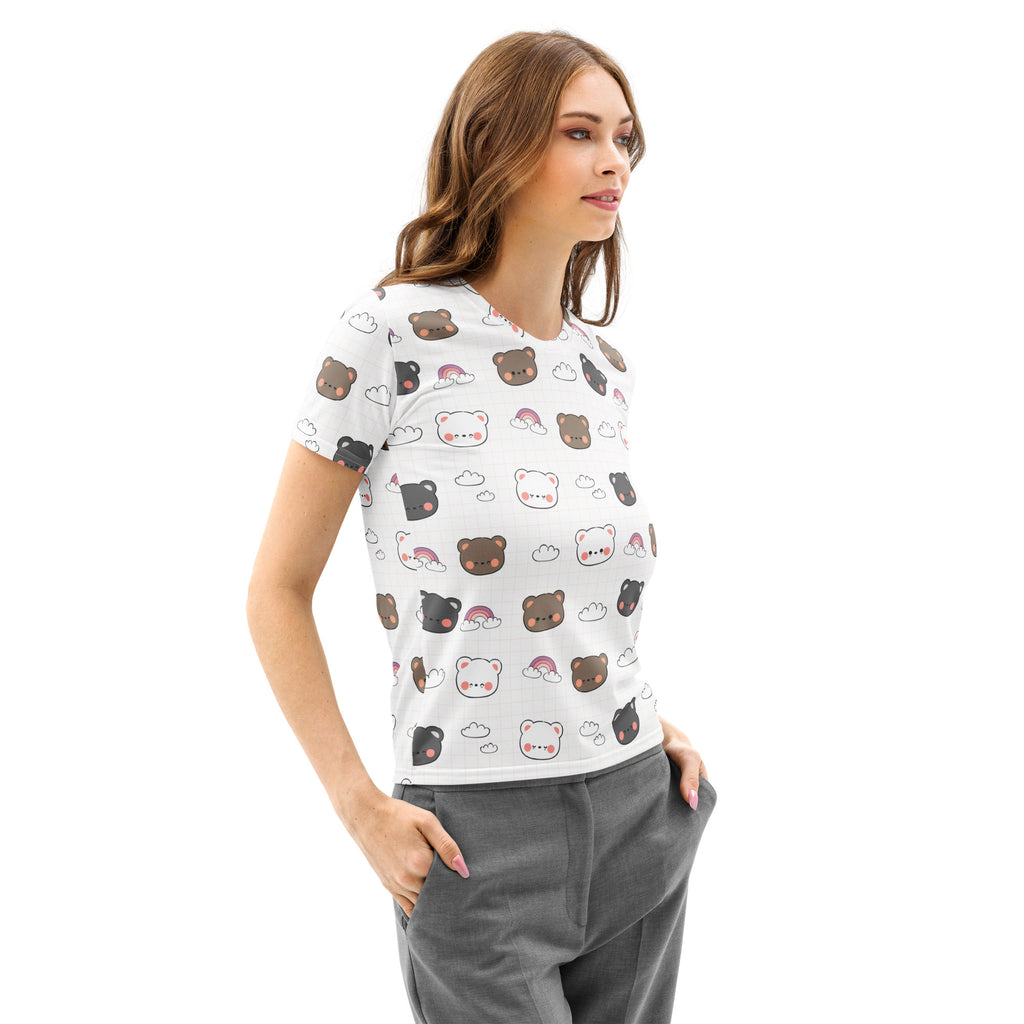 White women’s cotton t-shirt with a cute bear print cloud and rainbow pattern in soft brown black white and pink hues