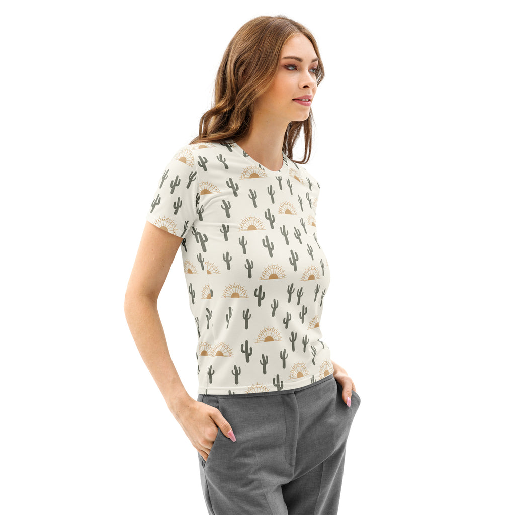 Cream-colored women’s cotton t-shirt with black cactus and gold sun pattern soft stretch and pilling resistant