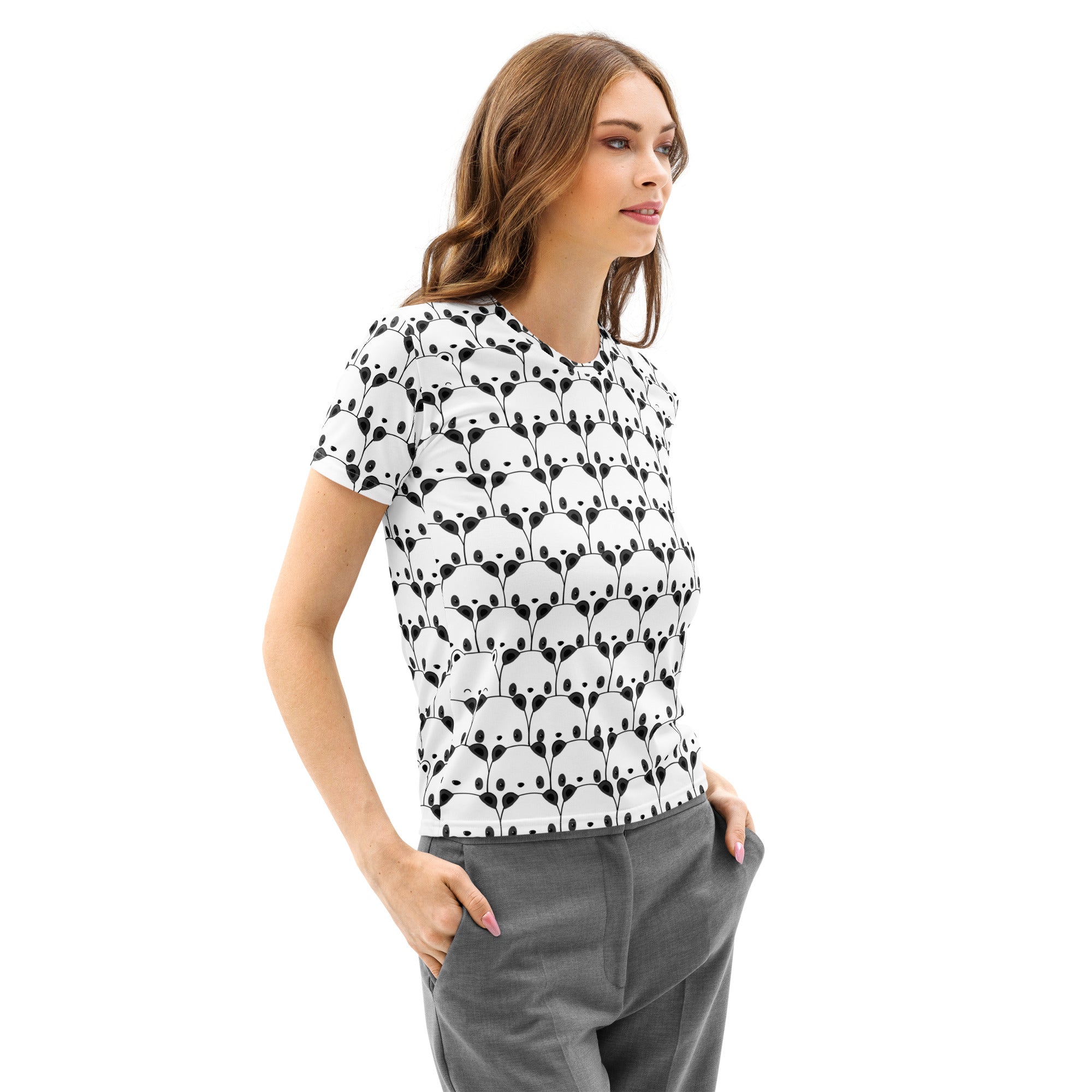 White short-sleeved cotton t-shirt for women with soft stretch featuring a repeating black panda face pattern