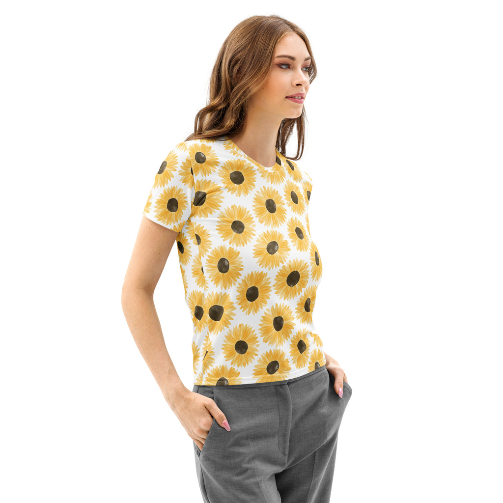White cotton women’s short-sleeved t-shirt with vibrant yellow sunflower print and soft stretch pilling resistant fabric