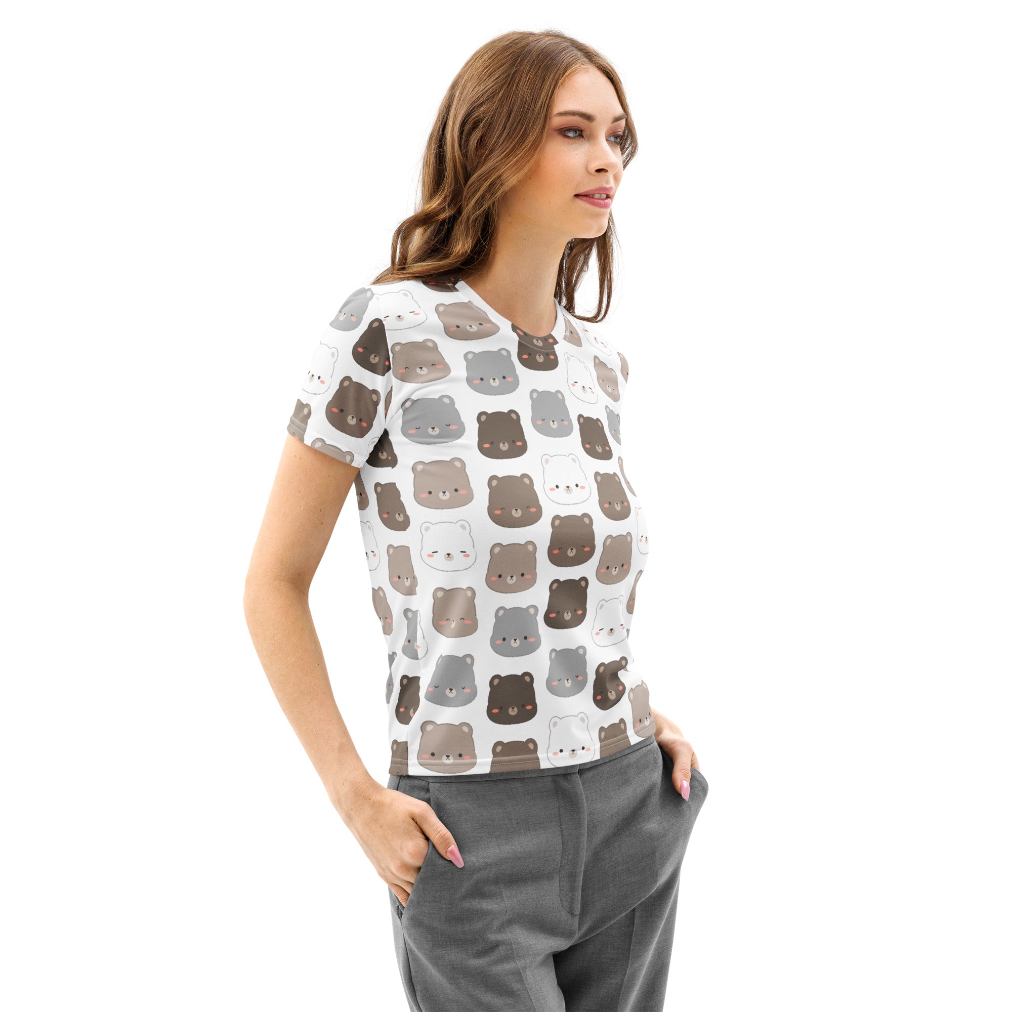 Women’s white short-sleeved cotton t-shirt with playful cartoon bear print in brown gray and white shades