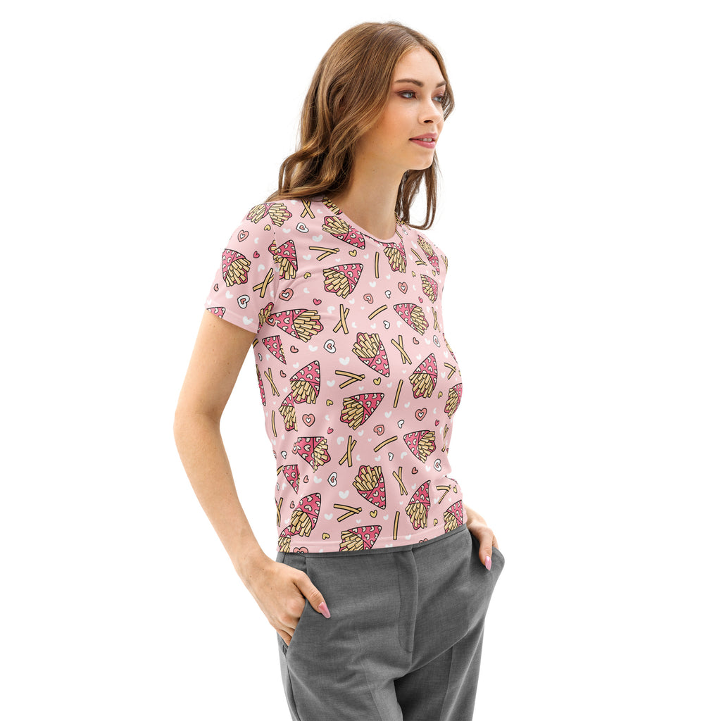 Women’s pink cotton t-shirt with playful gold pink and white pizza and french fries pattern soft stretch pilling resistant tee