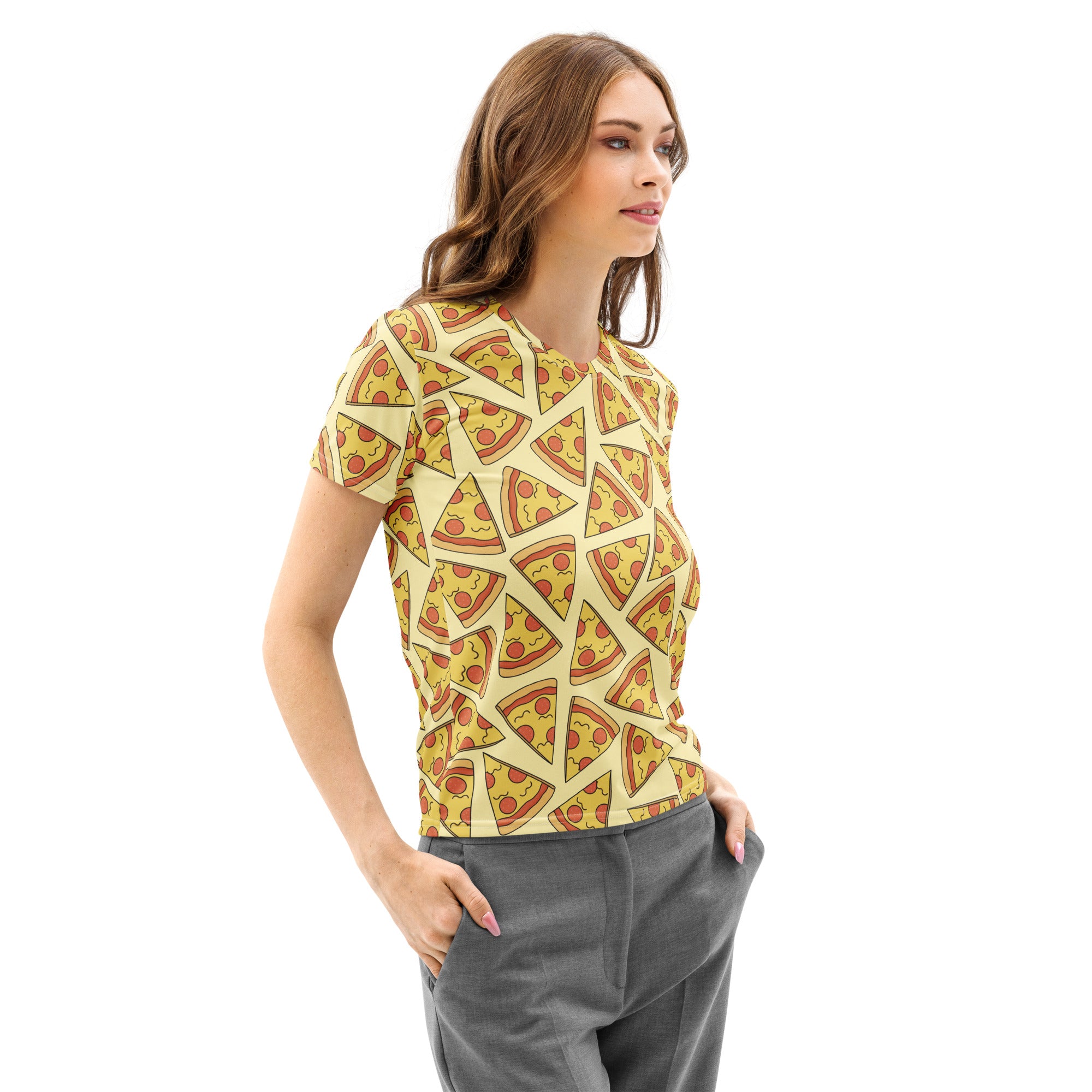 Women’s pizza slice cotton t-shirt with short sleeves and playful all-over cartoon pizza print on pale yellow background